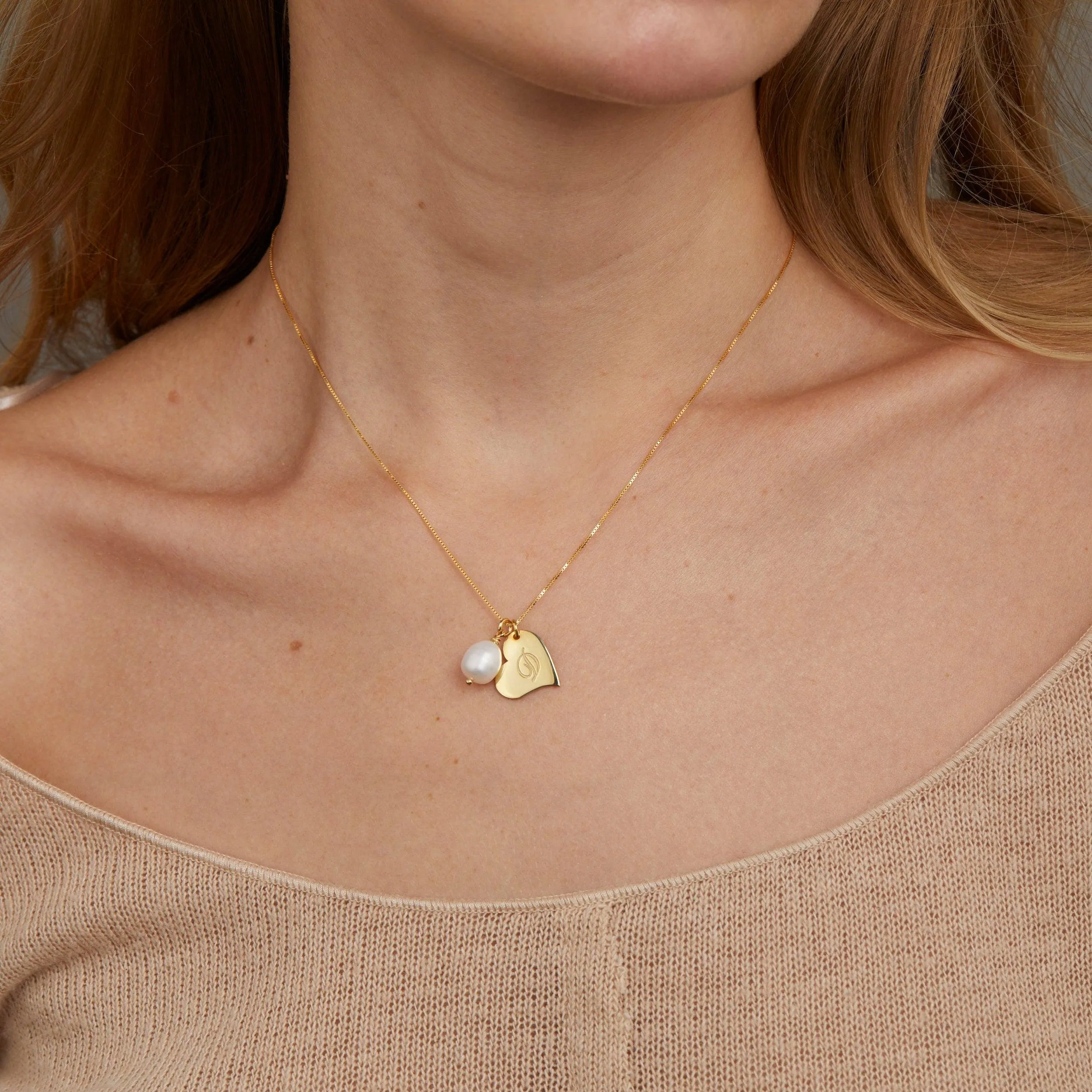 Personalized Heart Initial and Pearl Necklace - 18K Gold Vermeil