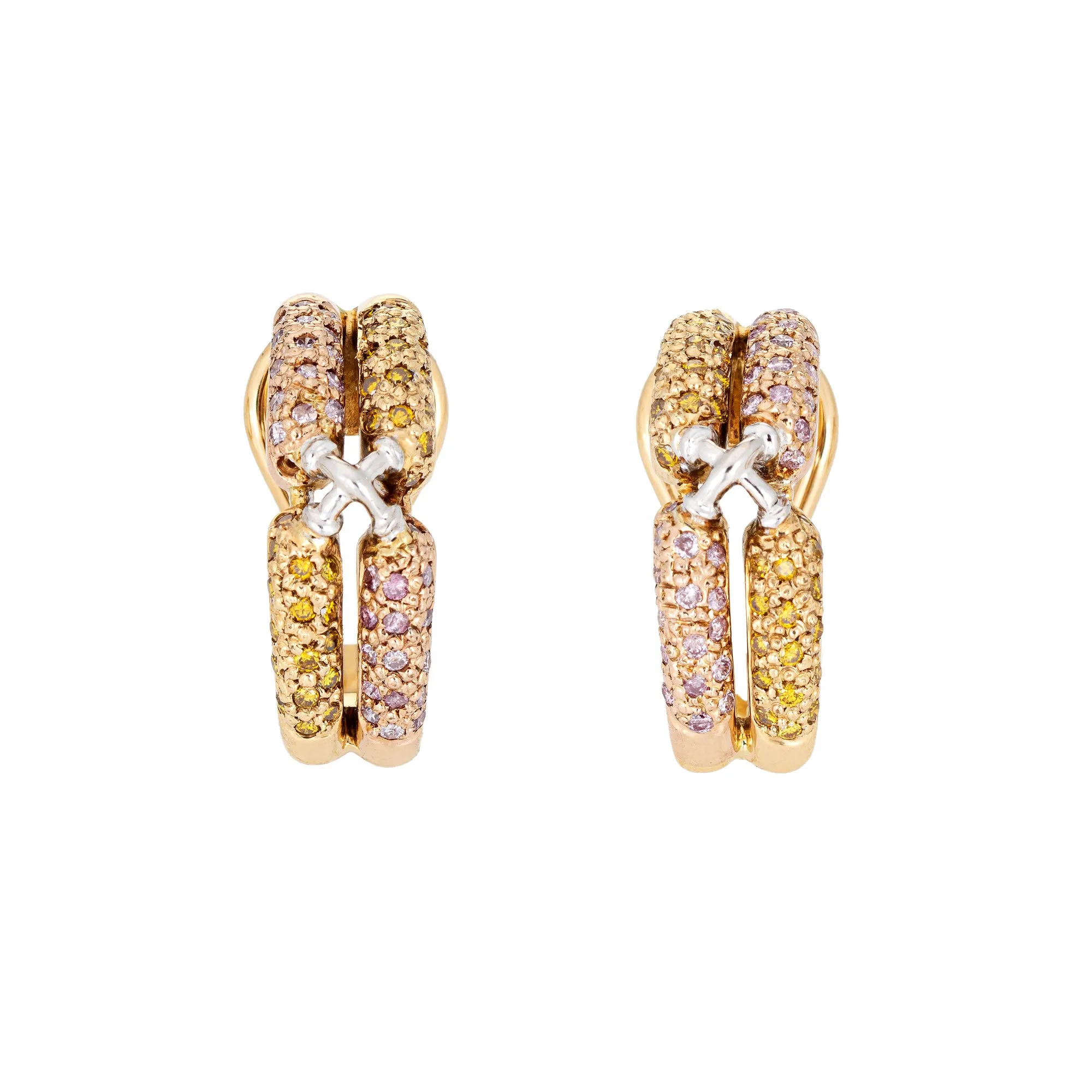 Pink & Yellow Colored Diamond Earrings Estate 18k Yellow Gold Shrimp Jewelry