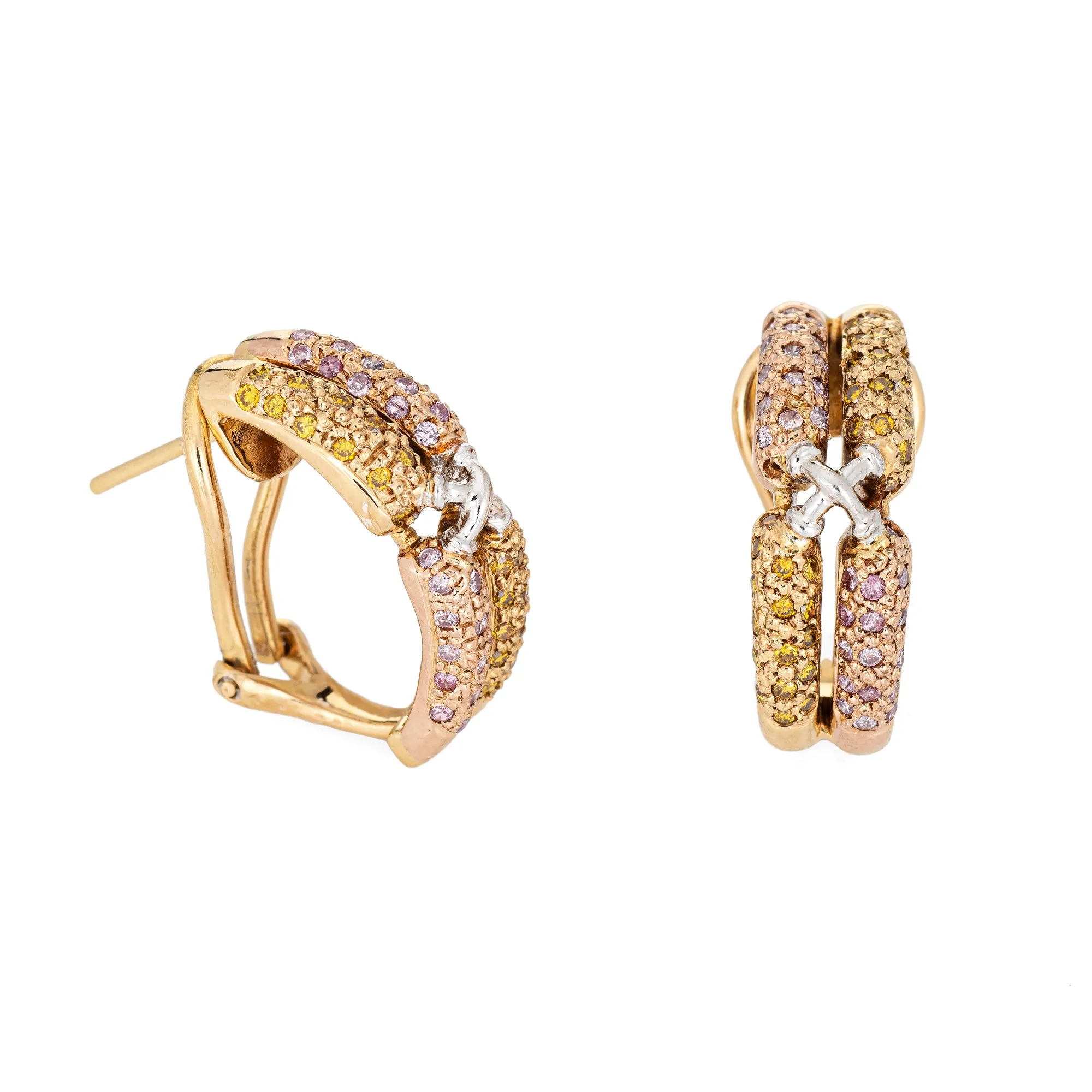 Pink & Yellow Colored Diamond Earrings Estate 18k Yellow Gold Shrimp Jewelry