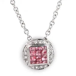 Pink Sapphire & Pave Diamond  in Round Pendant Necklace, 18k White Gold