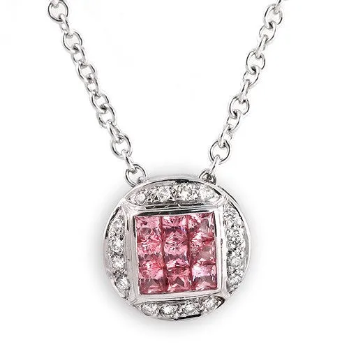 Pink Sapphire & Pave Diamond  in Round Pendant Necklace, 18k White Gold