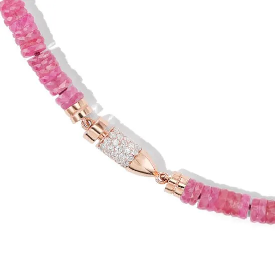 PINK SAPPHIRE NECKLACE WITH PAVÉ DIAMOND BULLET CLASP IN 18K ROSE GOLD