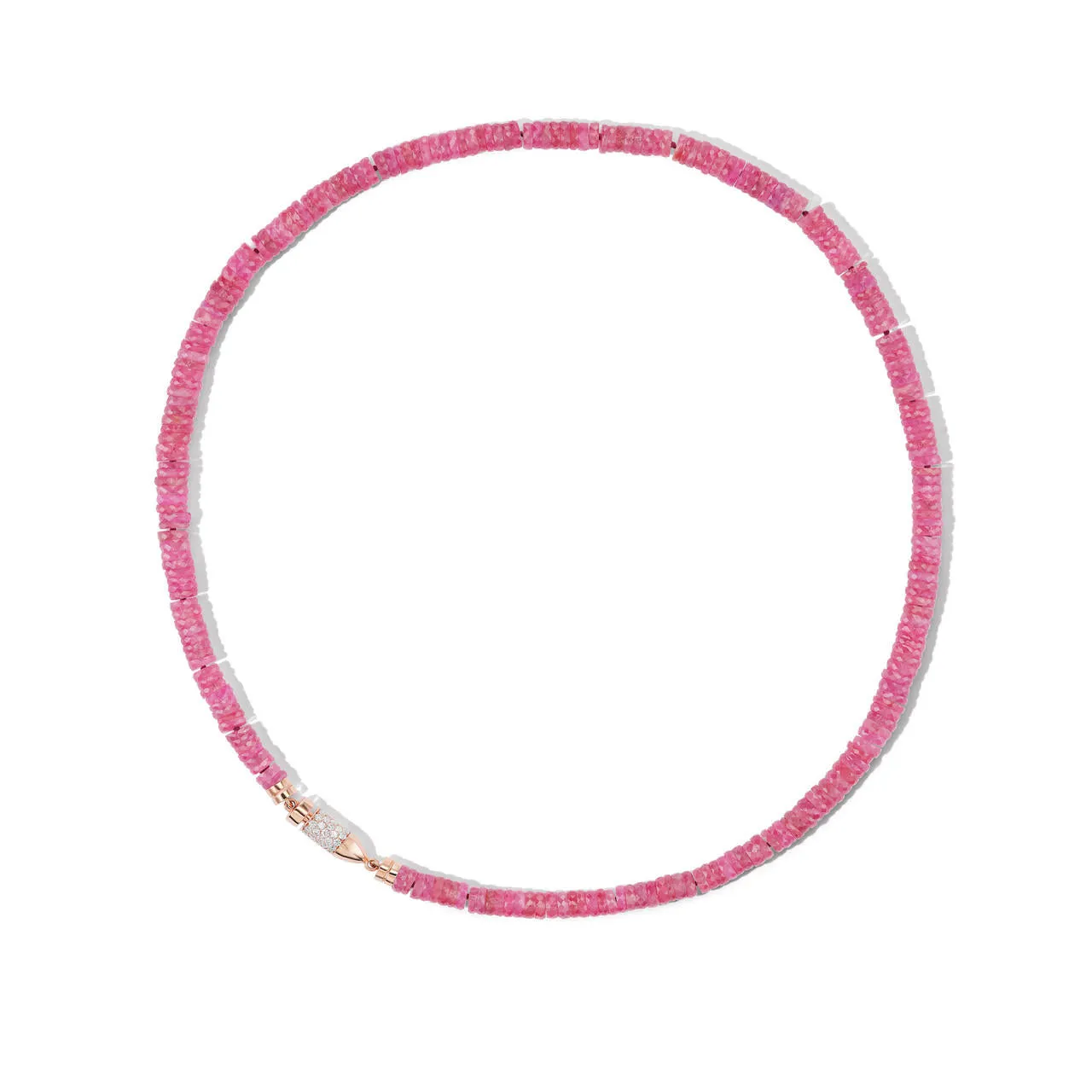 PINK SAPPHIRE NECKLACE WITH PAVÉ DIAMOND BULLET CLASP IN 18K ROSE GOLD