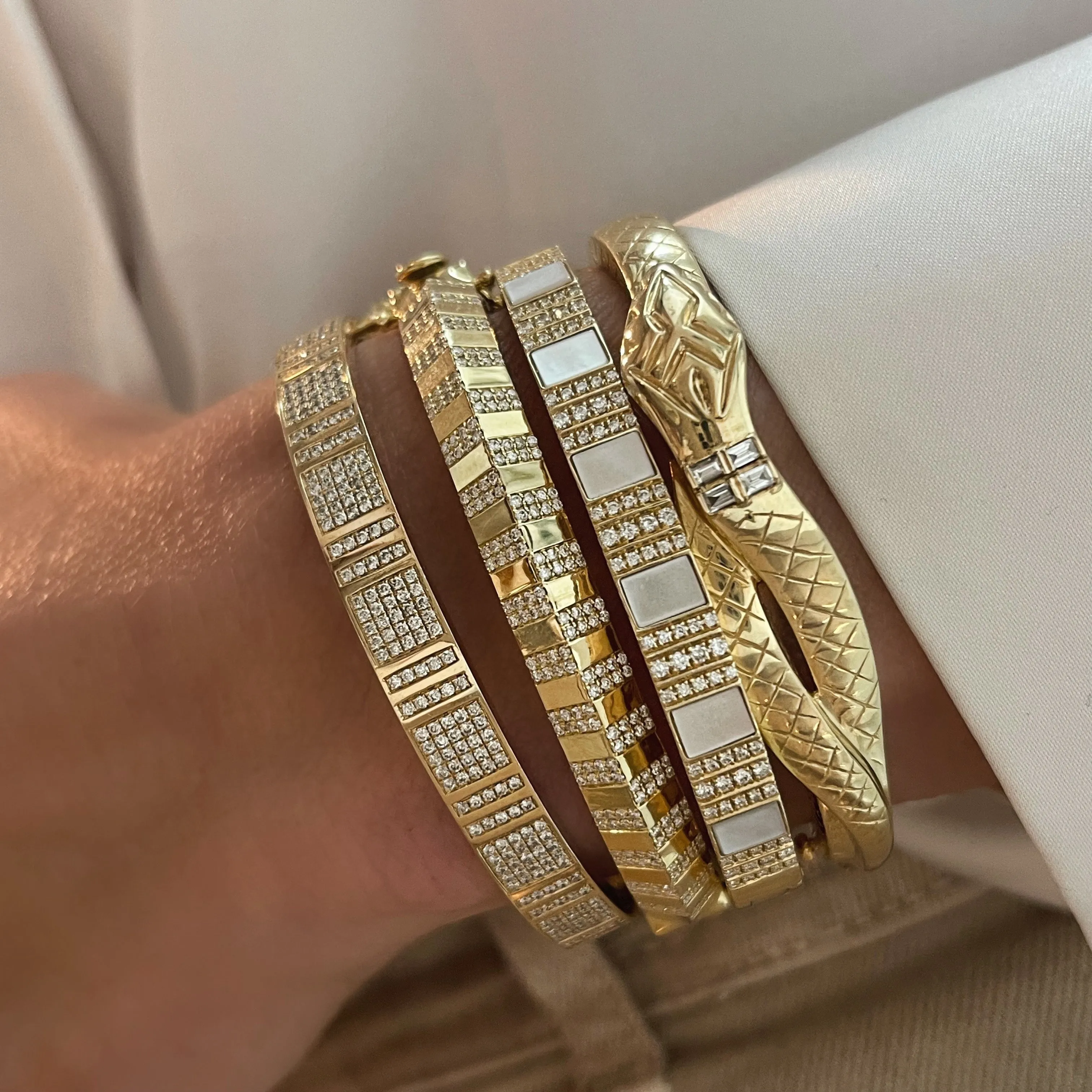 Pinstripe Strength Diamond Bangle Bracelet with Diamonds & Mother of Pearl