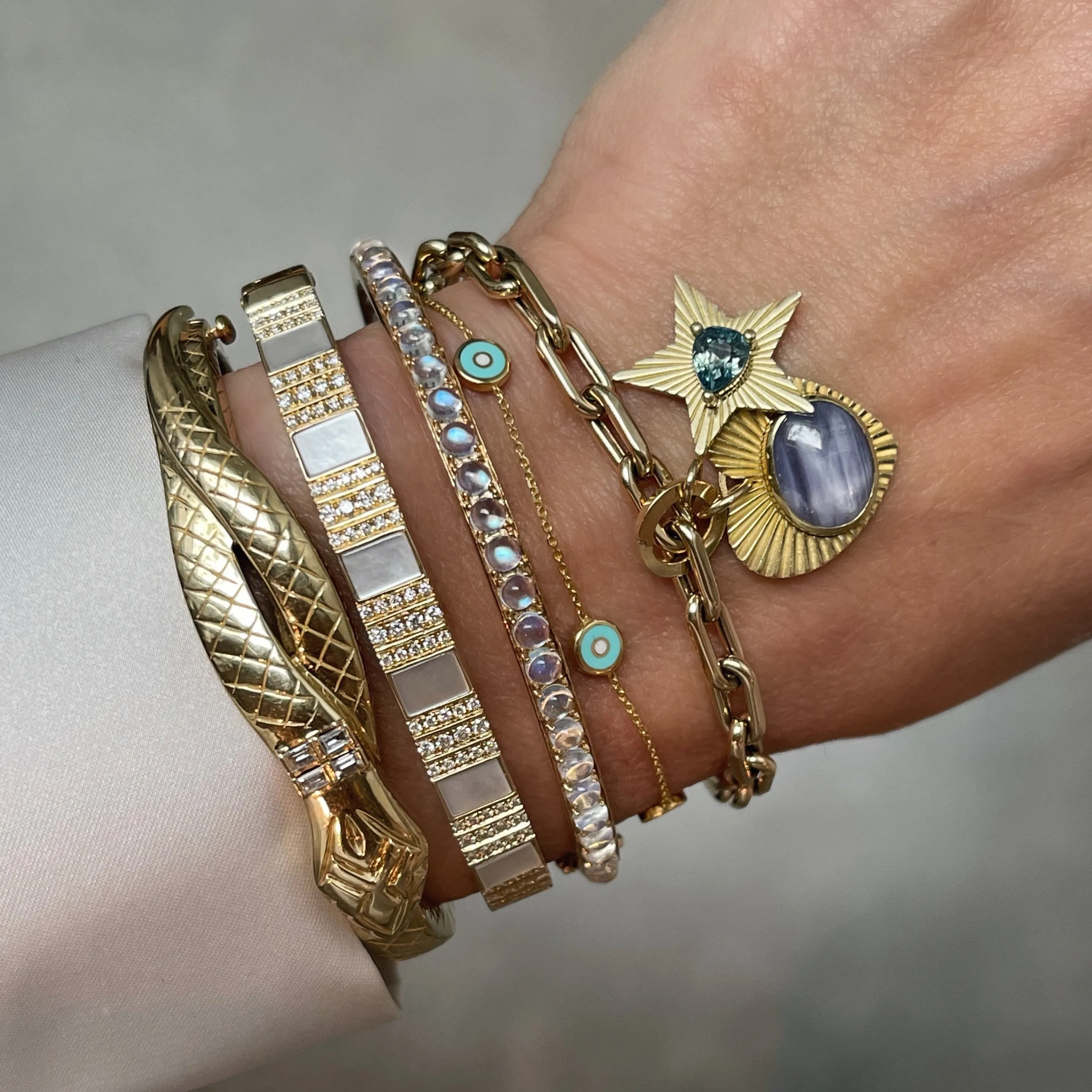 Pinstripe Strength Diamond Bangle Bracelet with Diamonds & Mother of Pearl