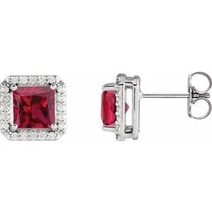 Platinum 5x5 mm Lab-Grown Ruby 1/6 CTW Natural Diamond Halo-Style Earrings