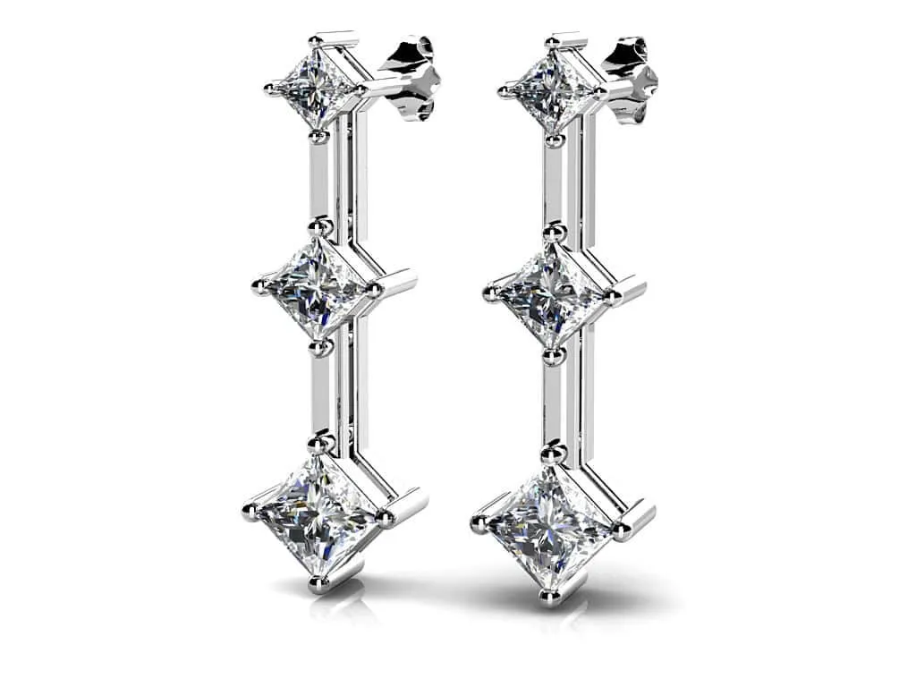 Princess Triple Diamond Earrings   with 0.52 ct.(finished) 1.8mm, 2.4mm, 2.9mm