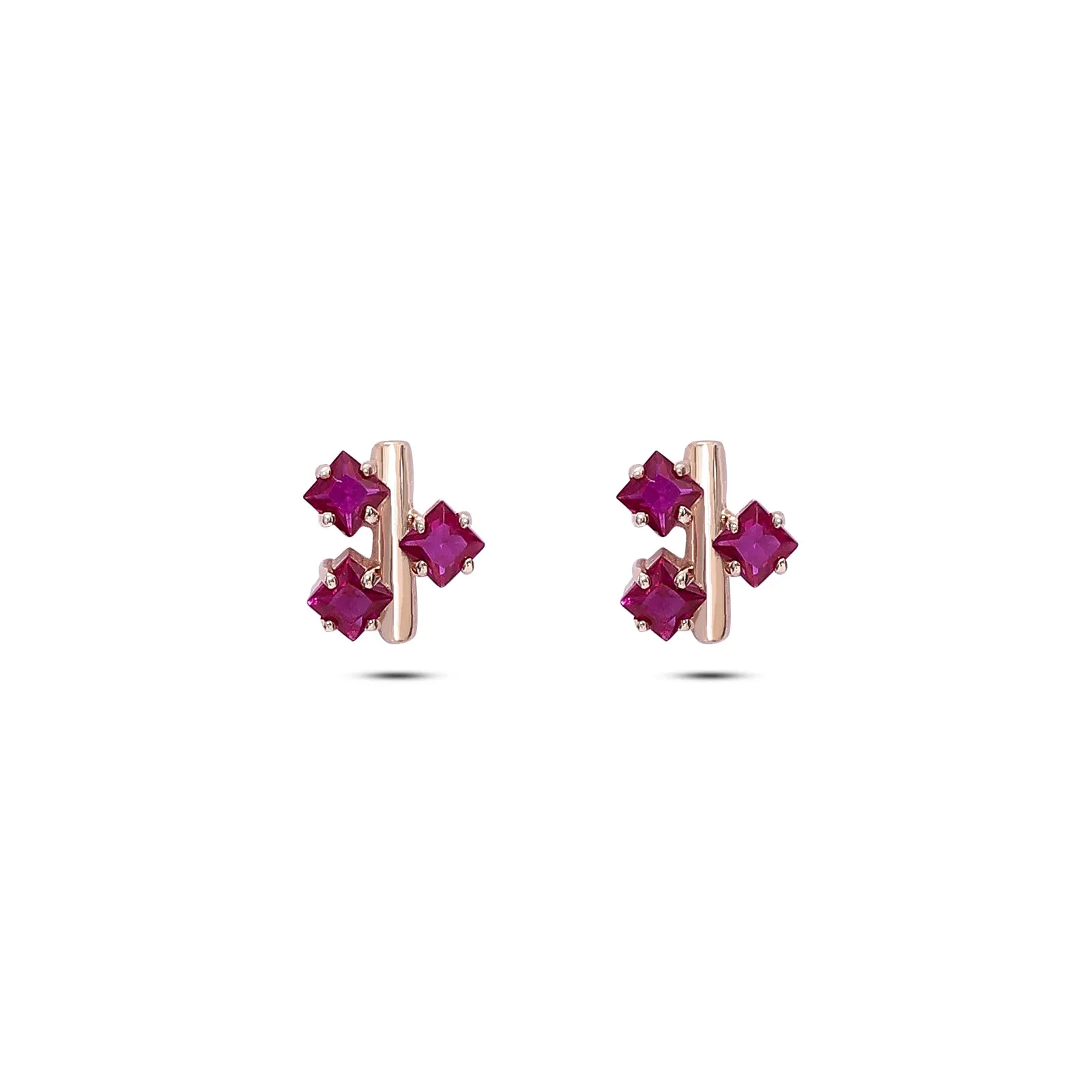 Pure Silver Rose Gold  Earrings - Triple Pink Ruby Blossom