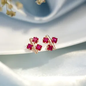 Pure Silver Rose Gold  Earrings - Triple Pink Ruby Blossom