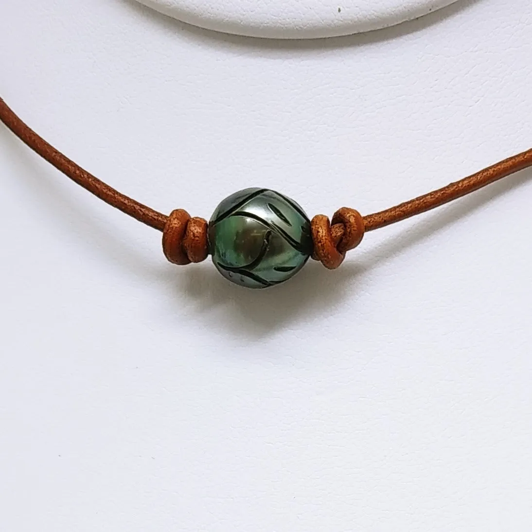 "Lotus Tattoo" Necklaces - Carved Tahitian Pearls, Leather