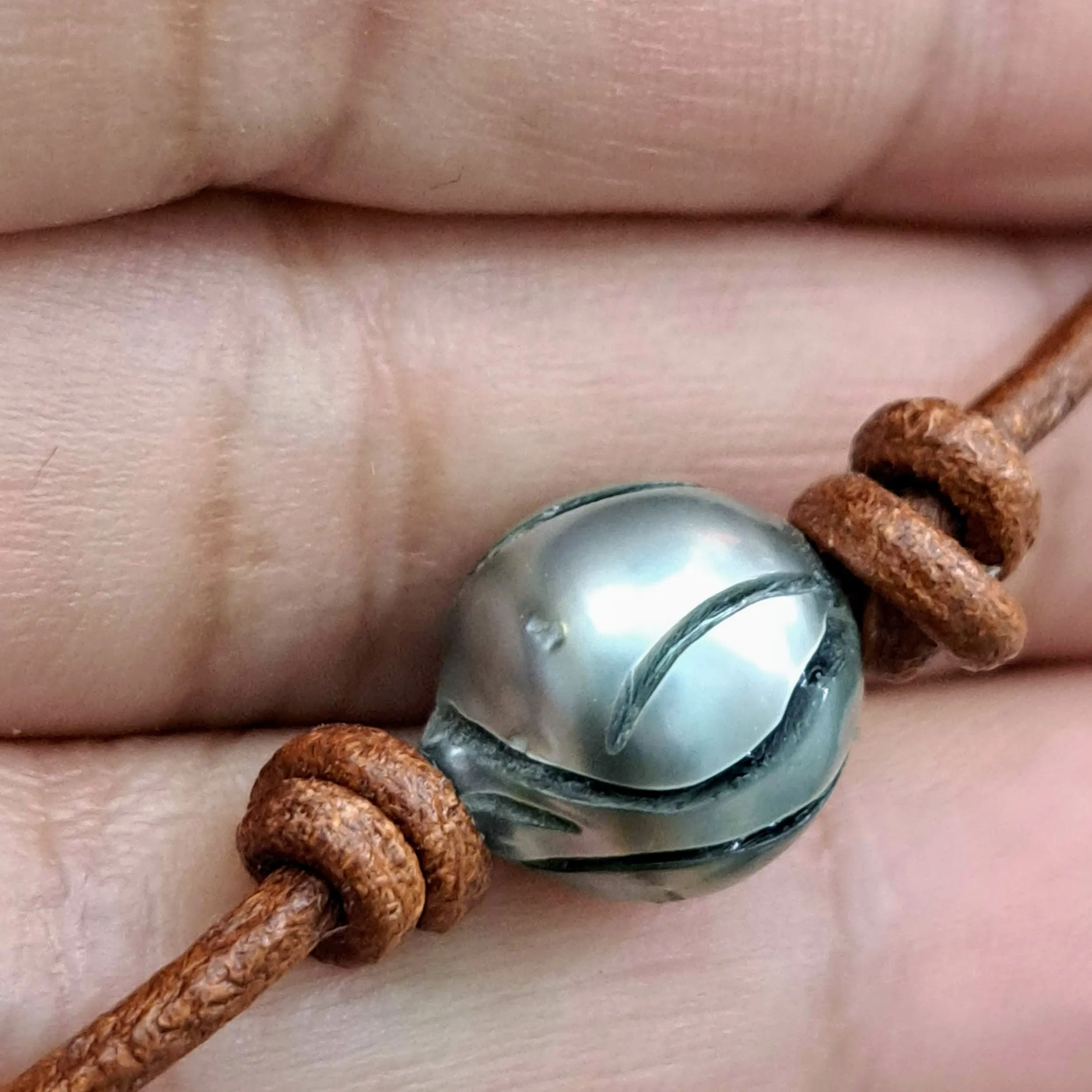 "Lotus Tattoo" Necklaces - Carved Tahitian Pearls, Leather