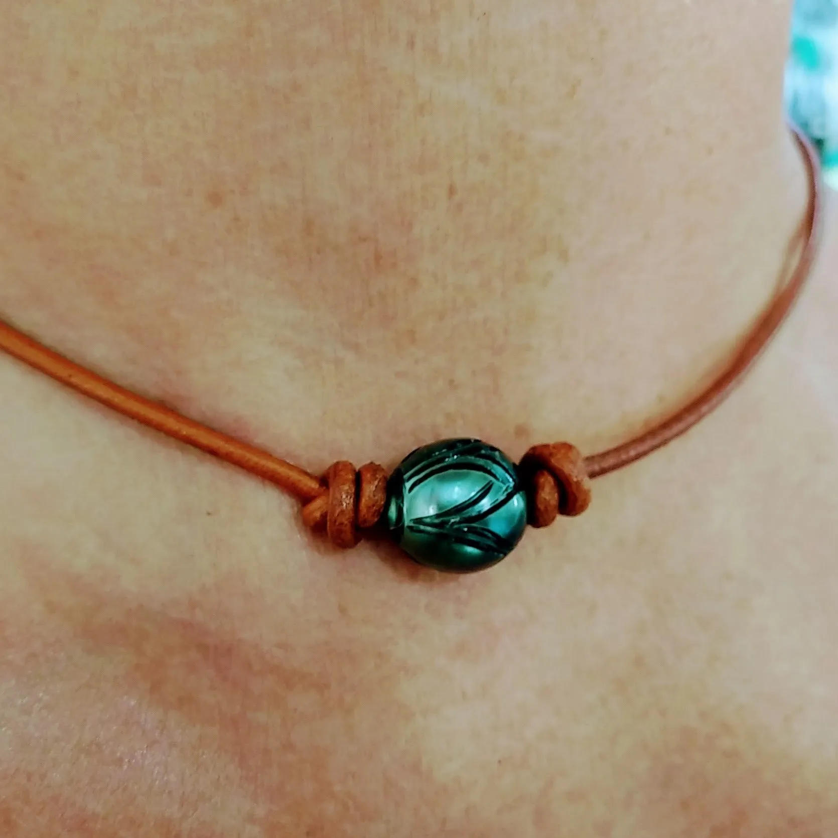 "Lotus Tattoo" Necklaces - Carved Tahitian Pearls, Leather