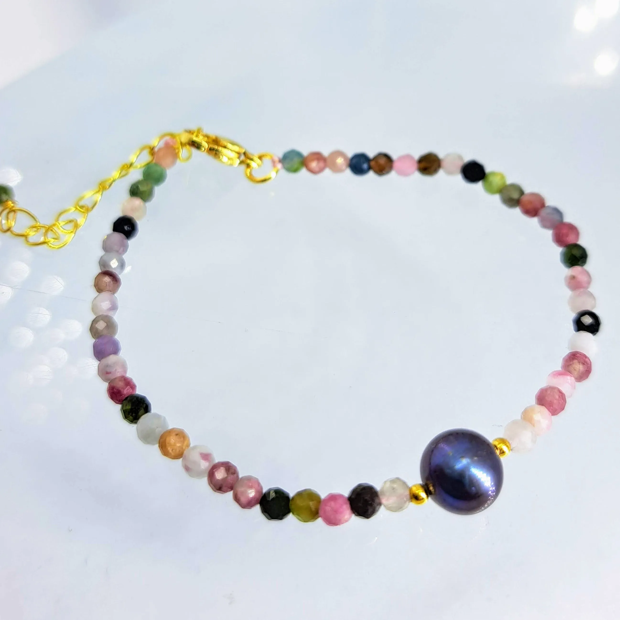 "Temptation" 7" to 9" Bracelet - Tourmaline, Pearl in Gold Filled