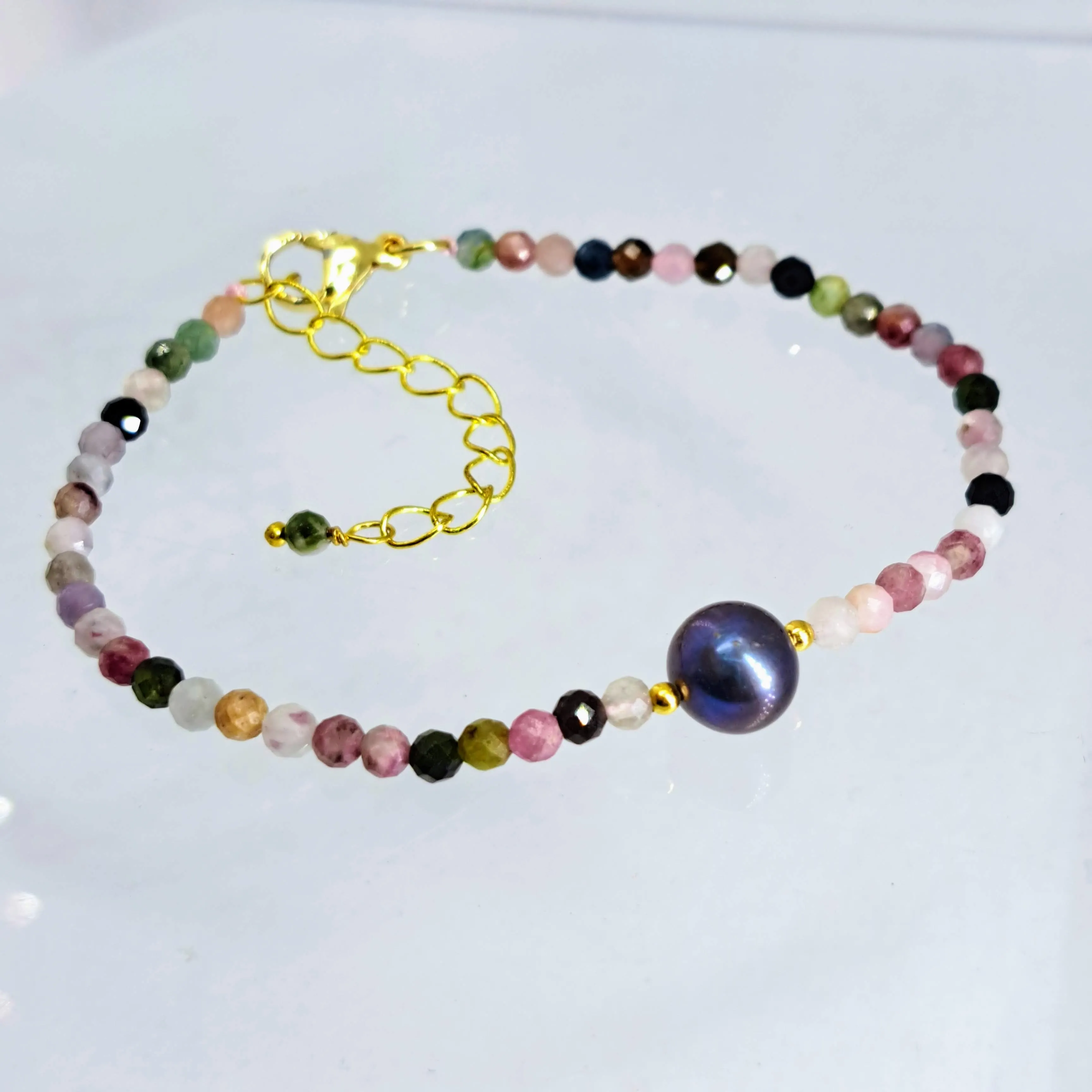 "Temptation" 7" to 9" Bracelet - Tourmaline, Pearl in Gold Filled