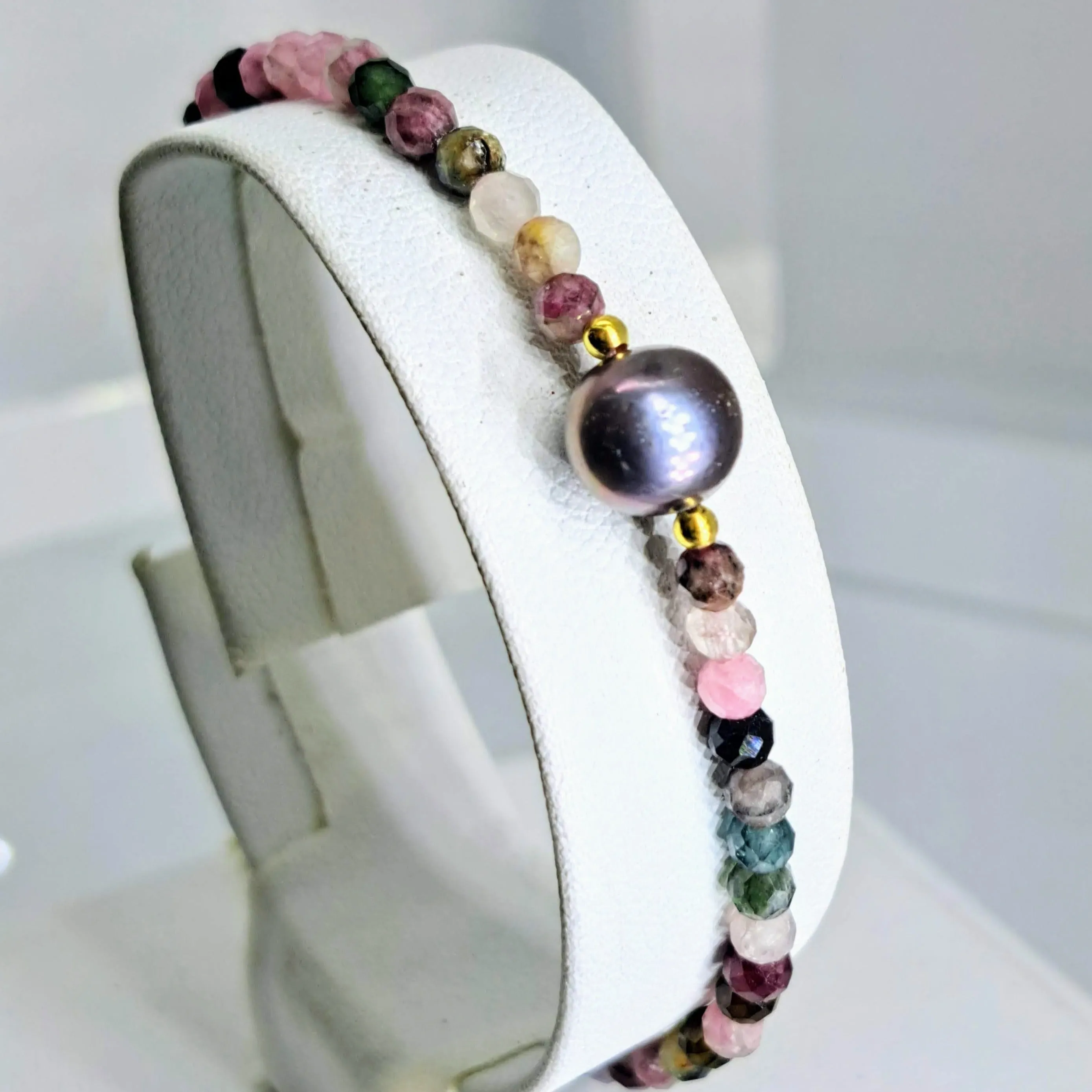 "Temptation" 7" to 9" Bracelet - Tourmaline, Pearl in Gold Filled