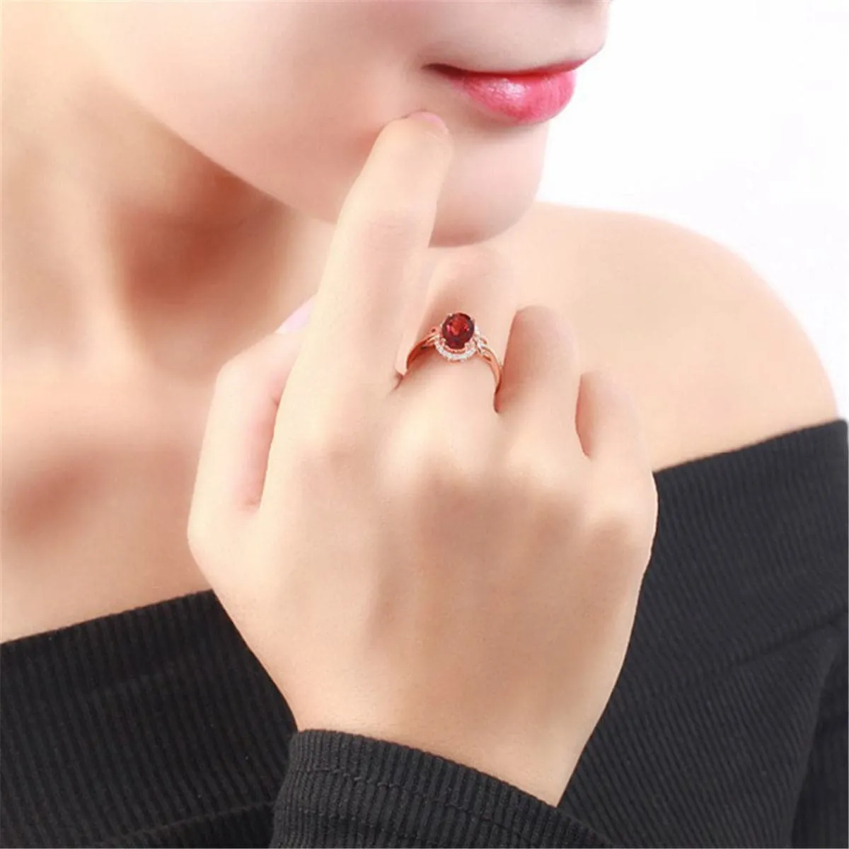 Red Crystal & Cubic Zirconia 18K Rose Gold-Plated Halo Oval Ring