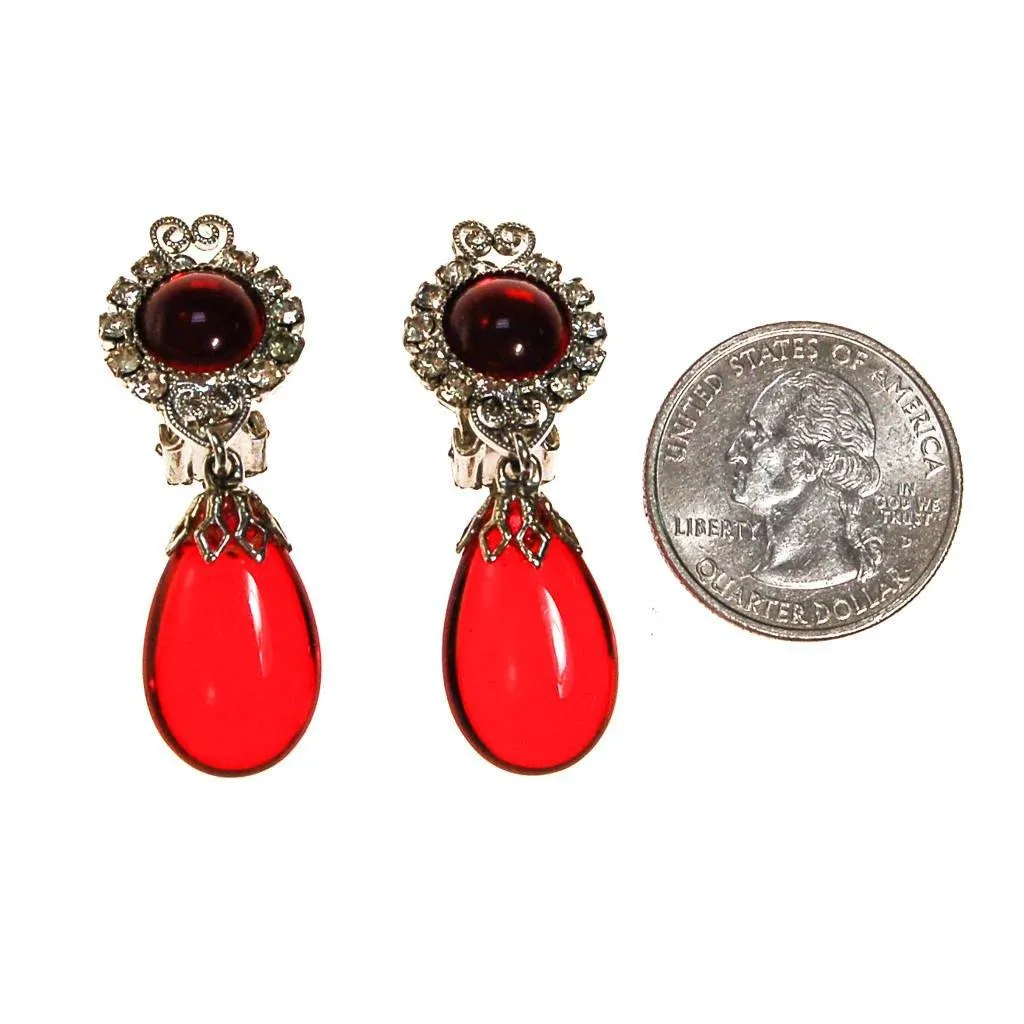 Red Crystal and Rhinestone Earrings, Clip On, Dangling Drop