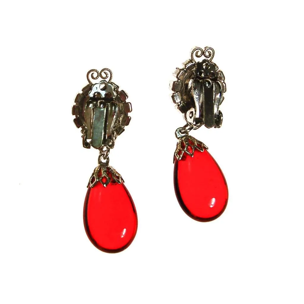 Red Crystal and Rhinestone Earrings, Clip On, Dangling Drop