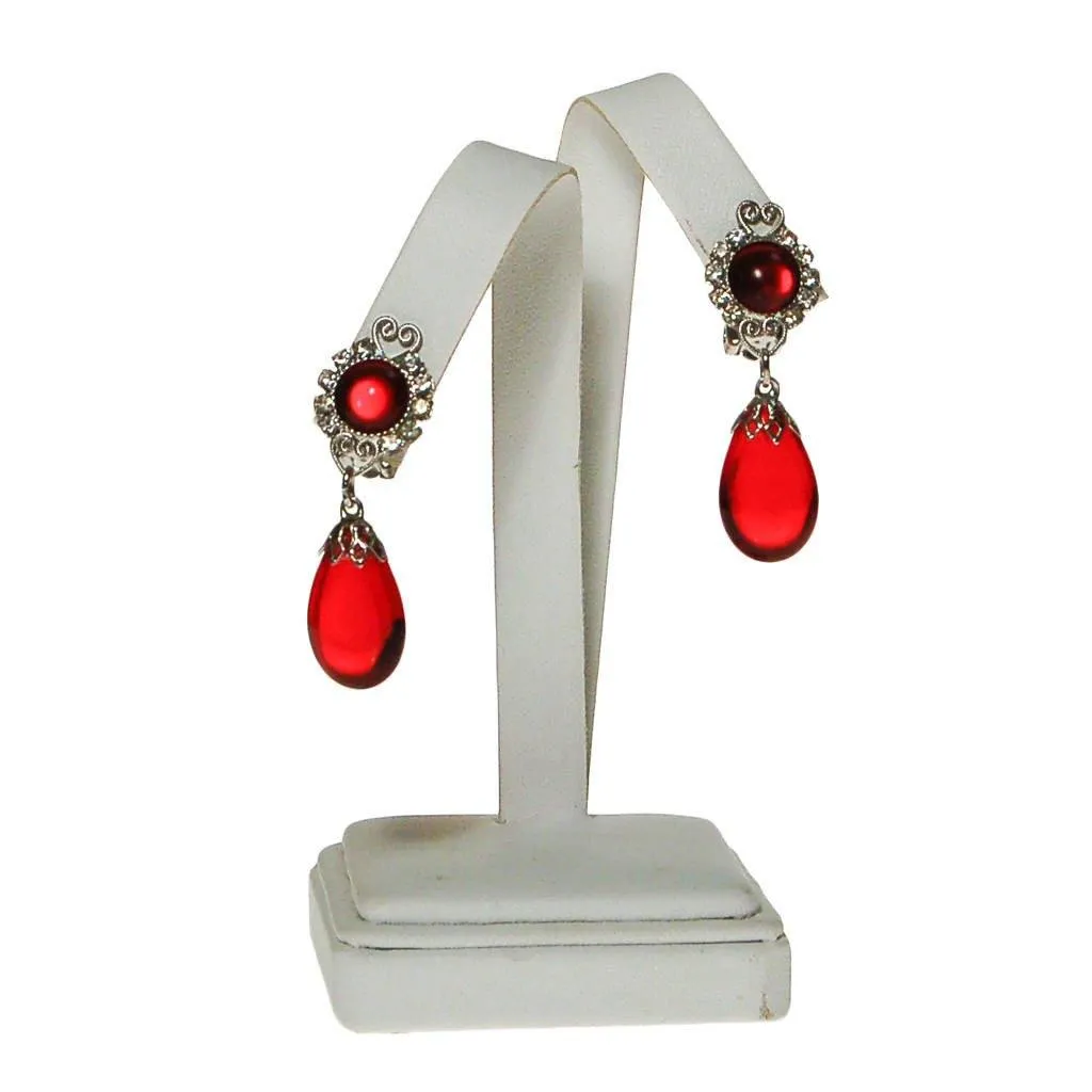 Red Crystal and Rhinestone Earrings, Clip On, Dangling Drop