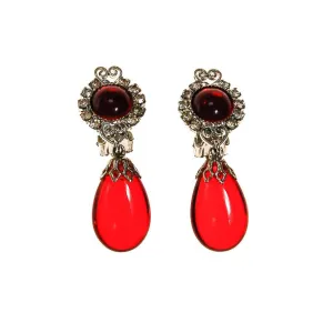 Red Crystal and Rhinestone Earrings, Clip On, Dangling Drop