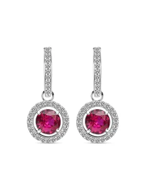Red Ruby And American Diamond Halo Earrings In 925 Sterling Silver