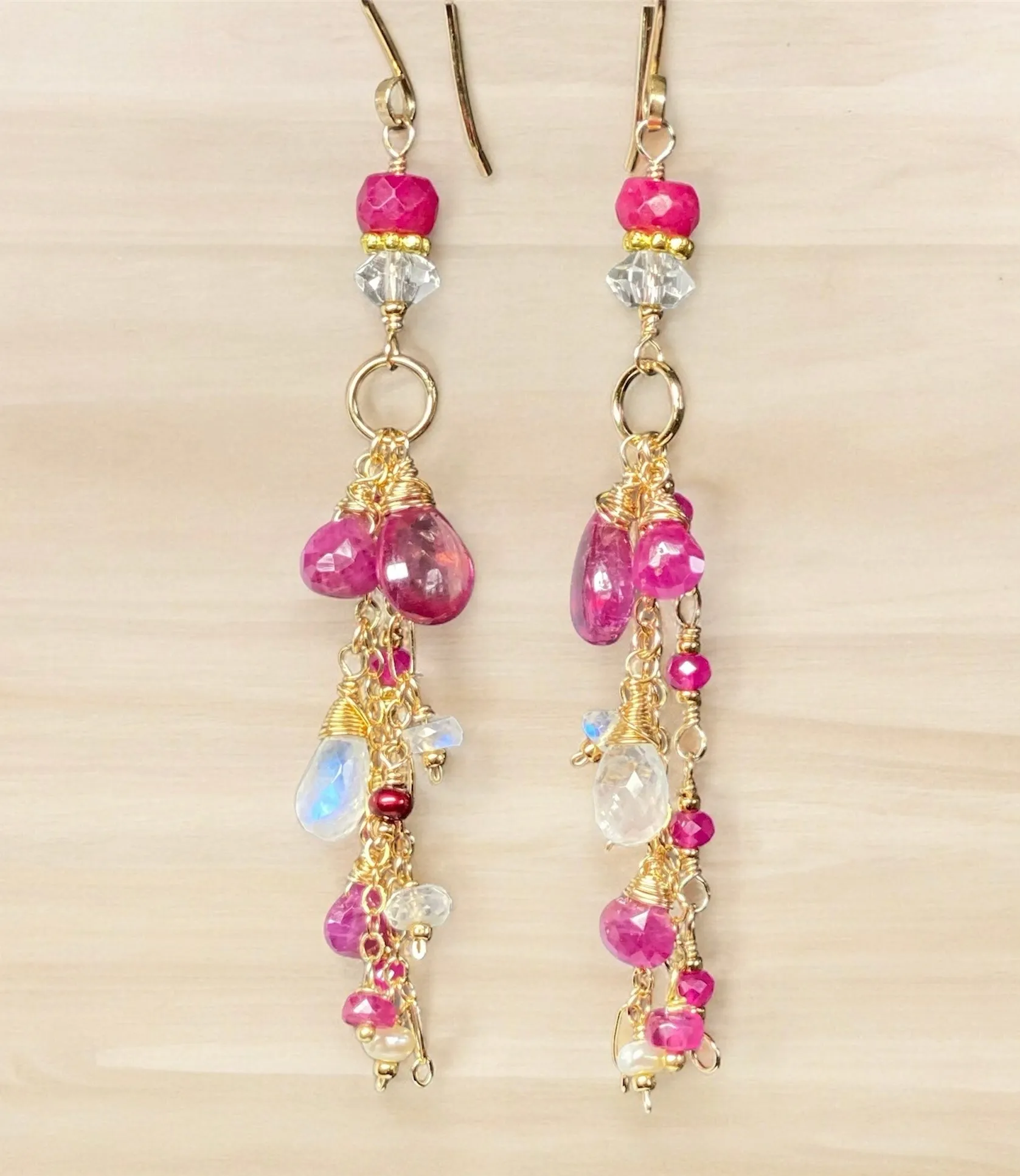 Red Ruby, Pink Sapphire Long Boho Dangle Earrings in Gold Fill with Moonstone