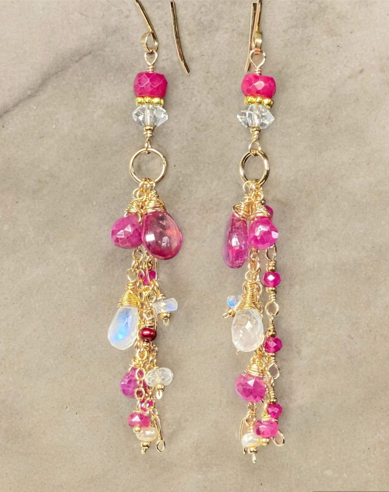 Red Ruby, Pink Sapphire Long Boho Dangle Earrings in Gold Fill with Moonstone