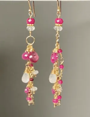 Red Ruby, Pink Sapphire Long Boho Dangle Earrings in Gold Fill with Moonstone