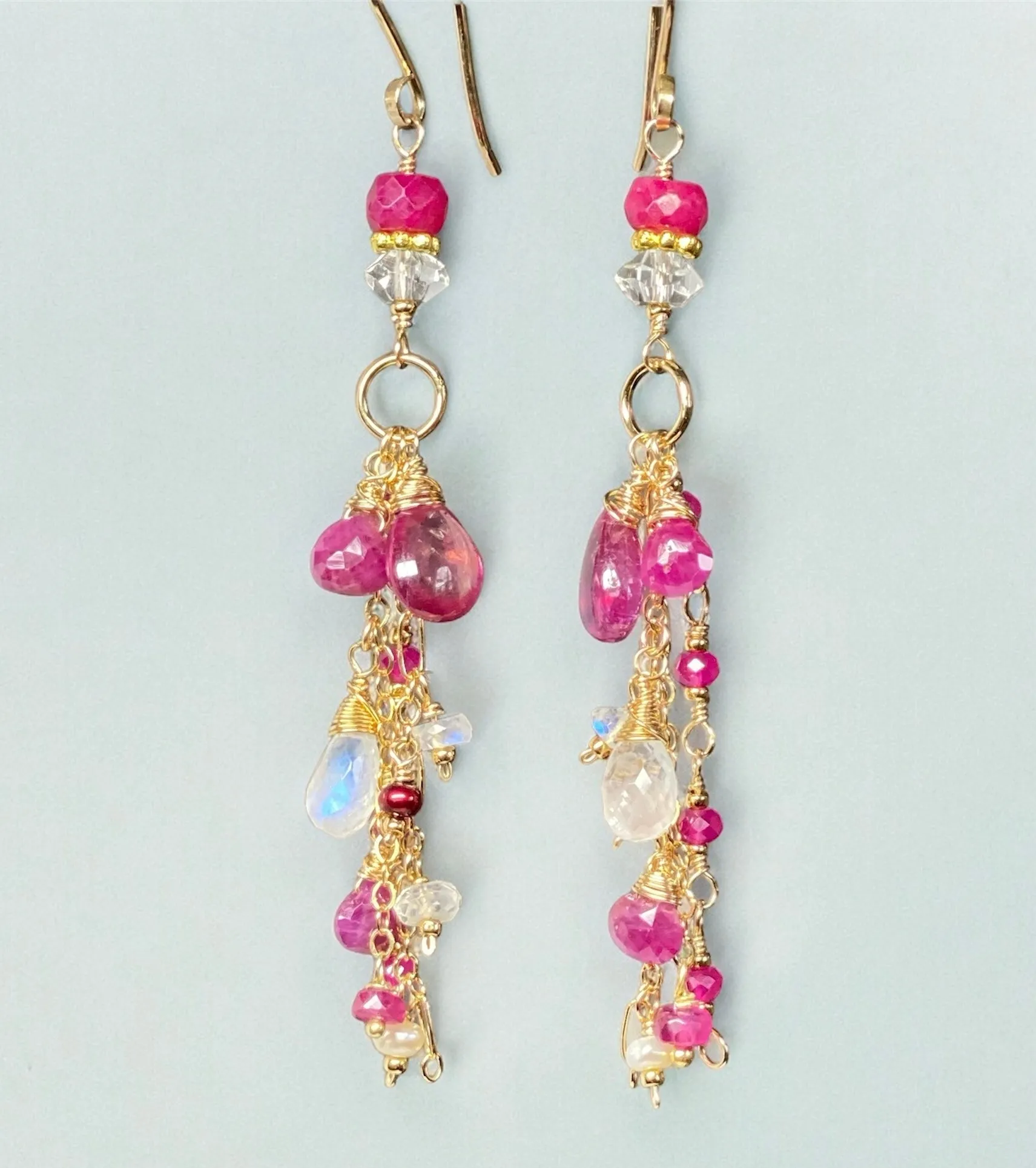 Red Ruby, Pink Sapphire Long Boho Dangle Earrings in Gold Fill with Moonstone