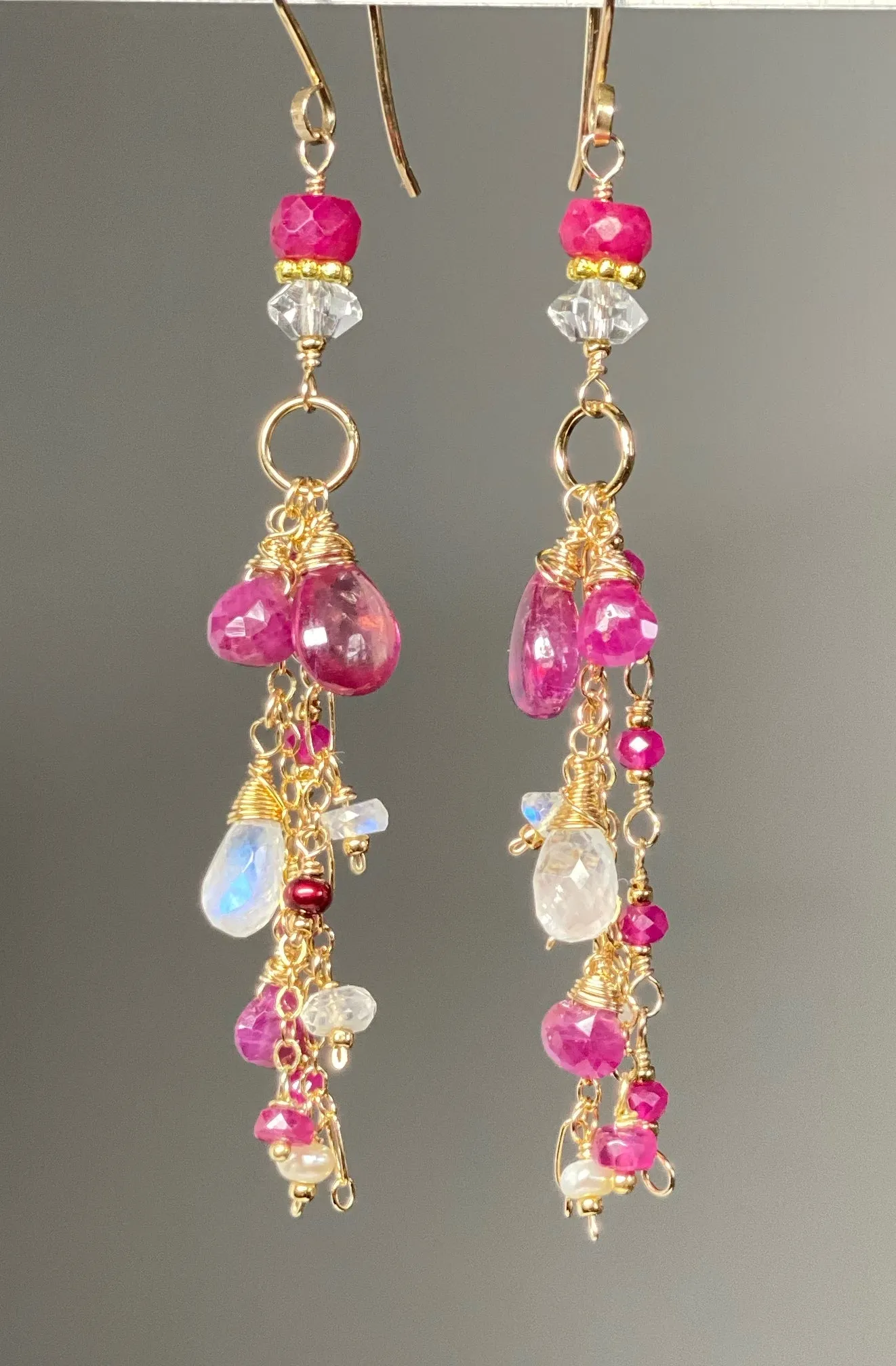 Red Ruby, Pink Sapphire Long Boho Dangle Earrings in Gold Fill with Moonstone