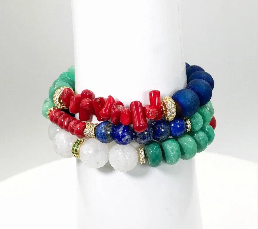 Red White Blue Green Layering Bracelets Set of 3