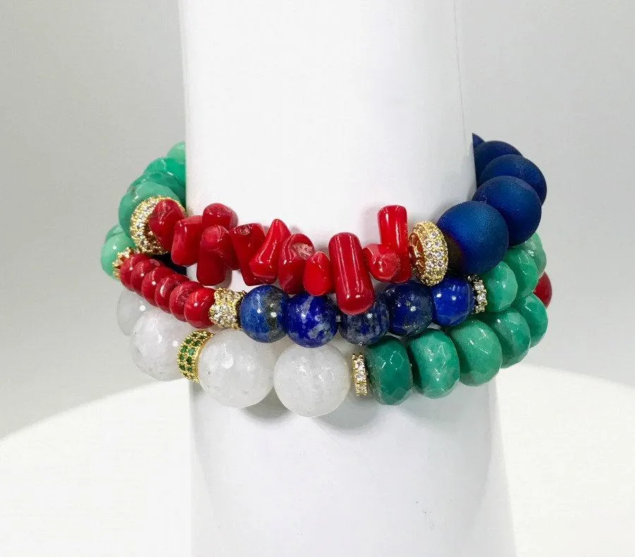 Red White Blue Green Layering Bracelets Set of 3