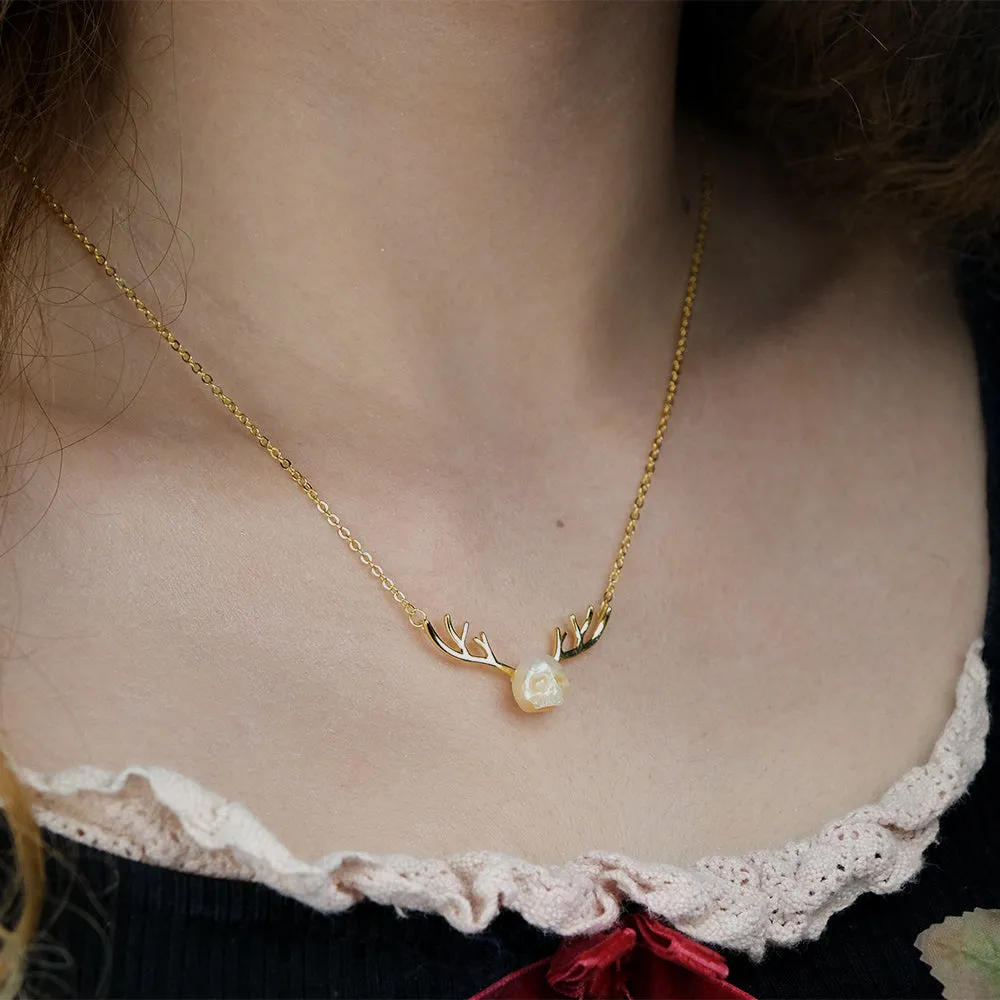 Reindeer Antler Pearl Cranium Clavicle Chain Pendant Necklace