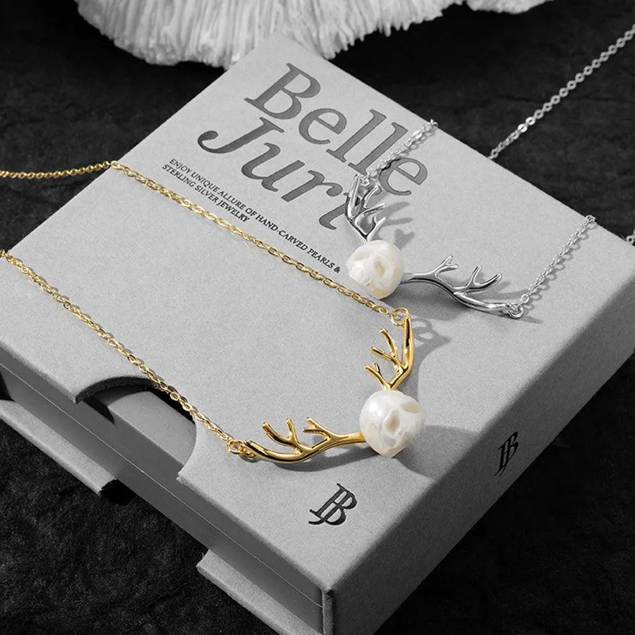 Reindeer Antler Pearl Cranium Clavicle Chain Pendant Necklace