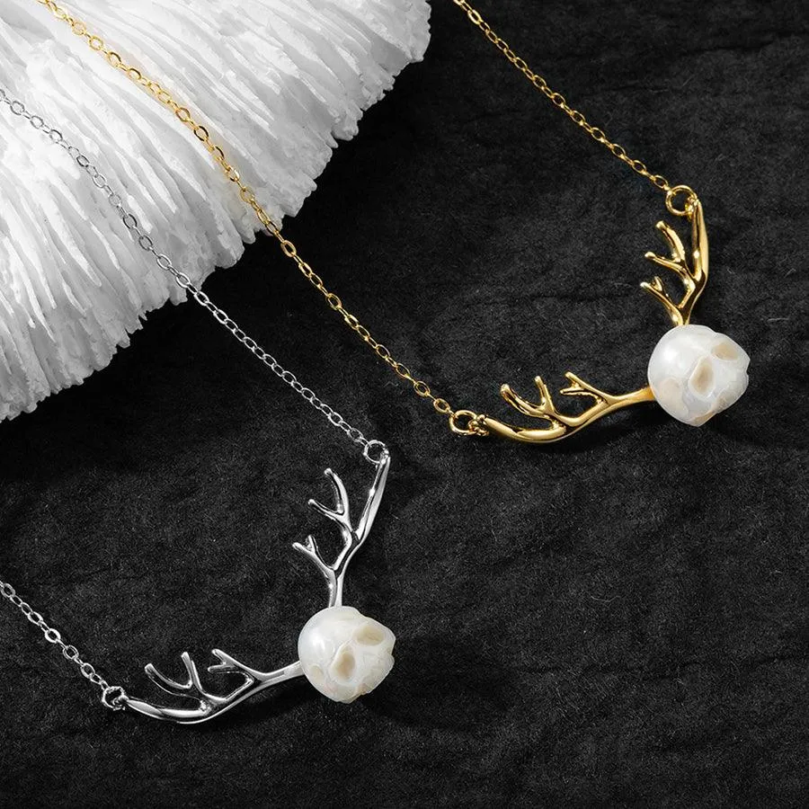 Reindeer Antler Pearl Cranium Clavicle Chain Pendant Necklace
