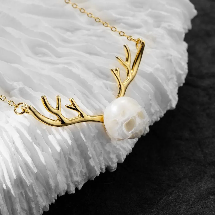 Reindeer Antler Pearl Cranium Clavicle Chain Pendant Necklace