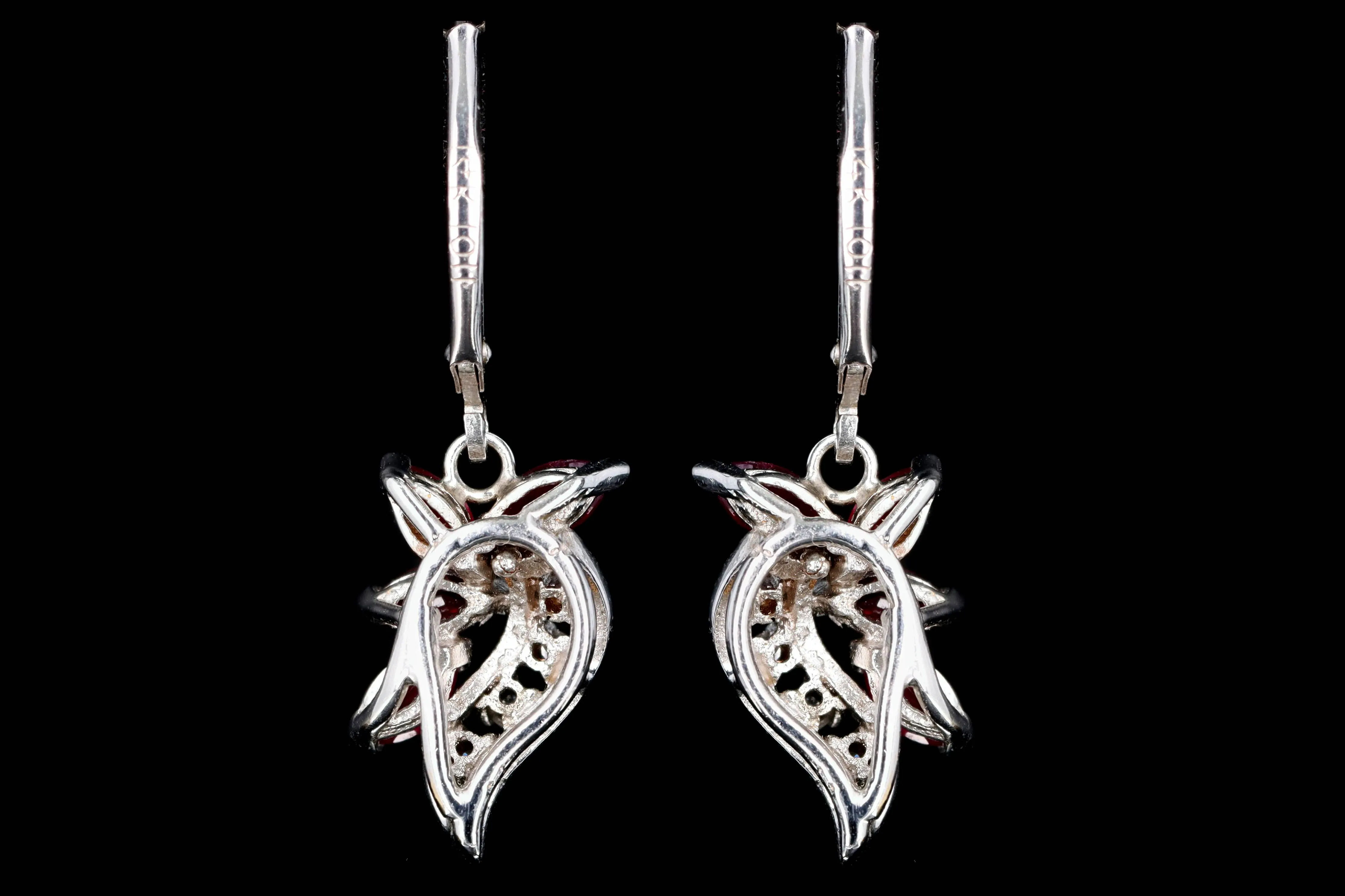 Retro 14K White Gold Natural Ruby & Diamond Drop Earrings