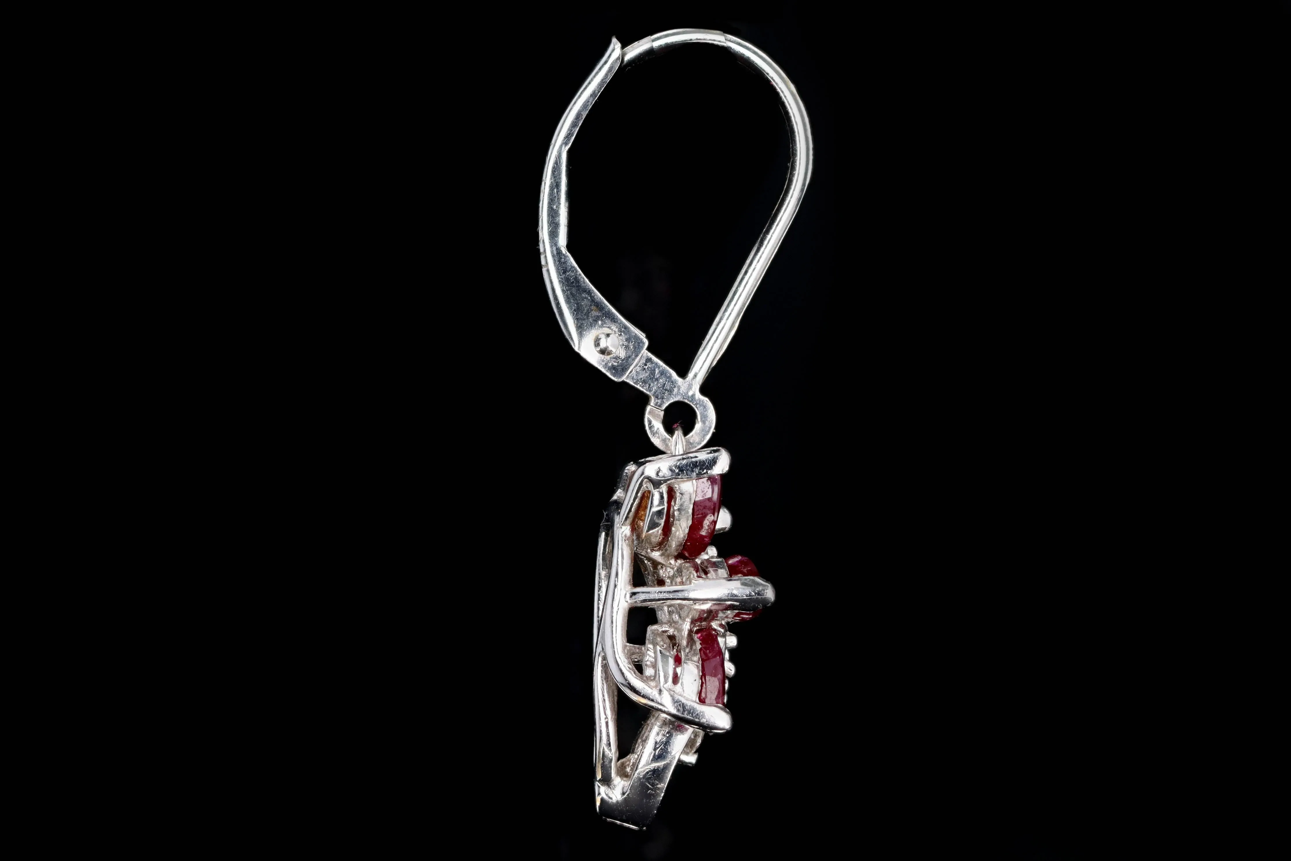 Retro 14K White Gold Natural Ruby & Diamond Drop Earrings