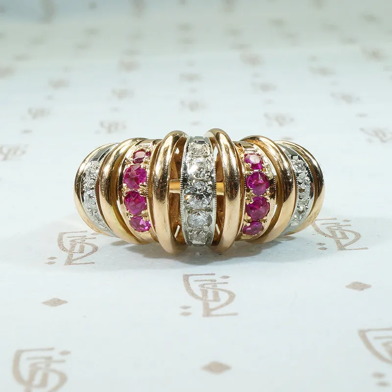 Retro Platinum and Rose Gold Diamond and Ruby Ring