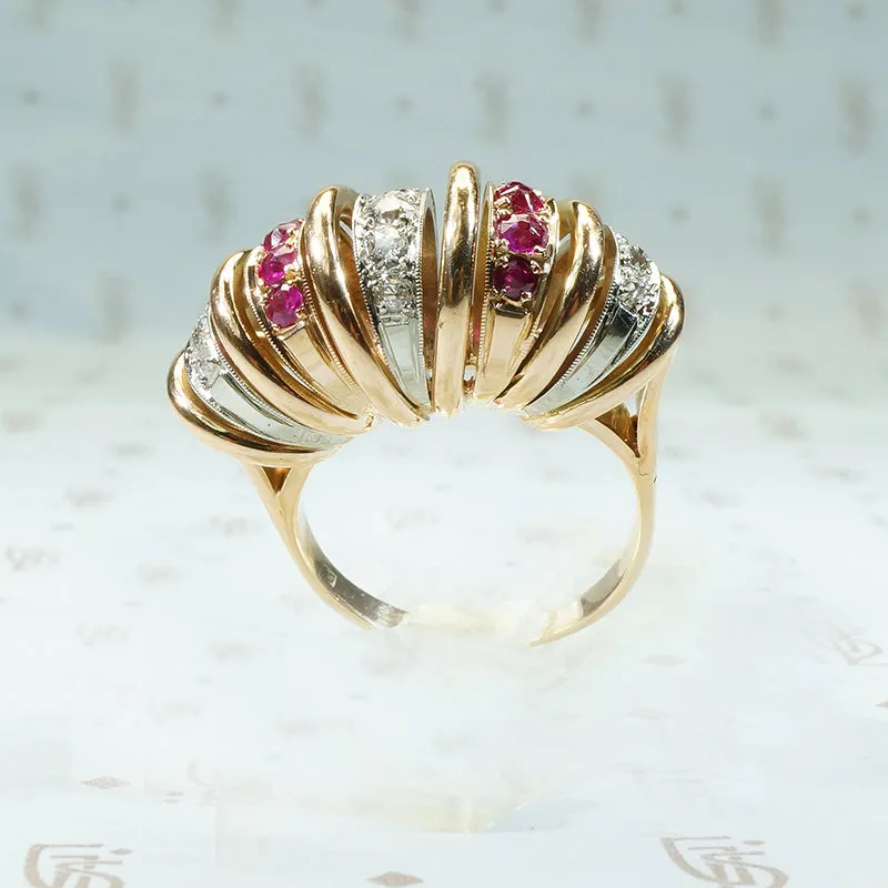 Retro Platinum and Rose Gold Diamond and Ruby Ring