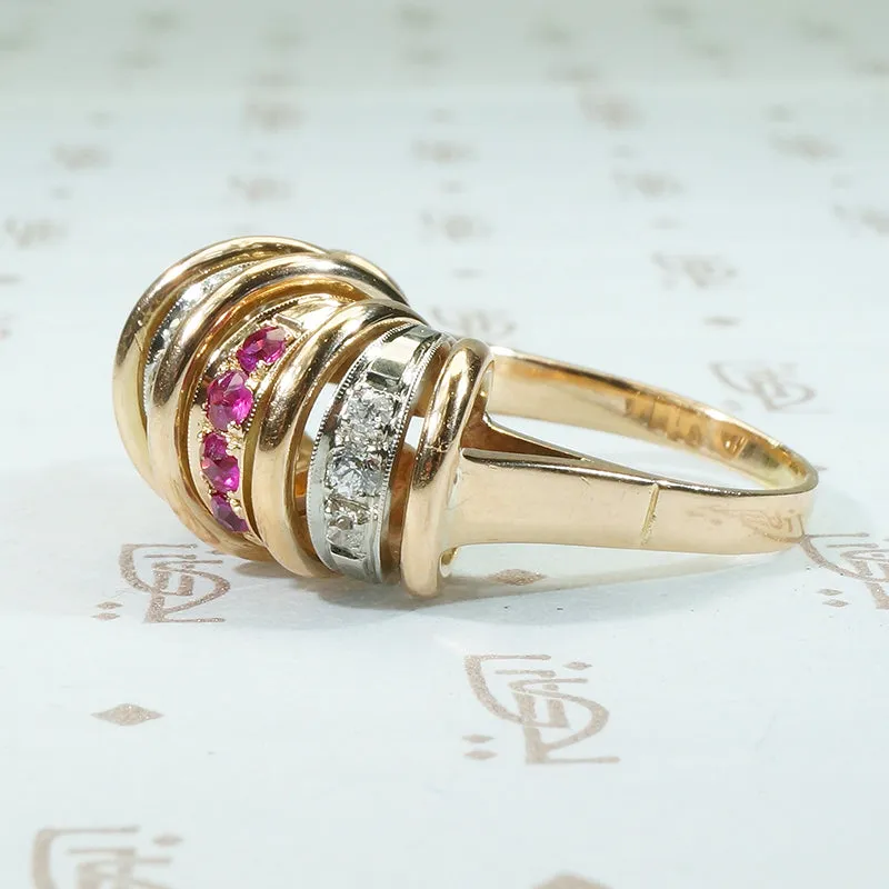 Retro Platinum and Rose Gold Diamond and Ruby Ring