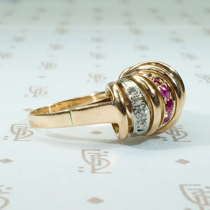 Retro Platinum and Rose Gold Diamond and Ruby Ring