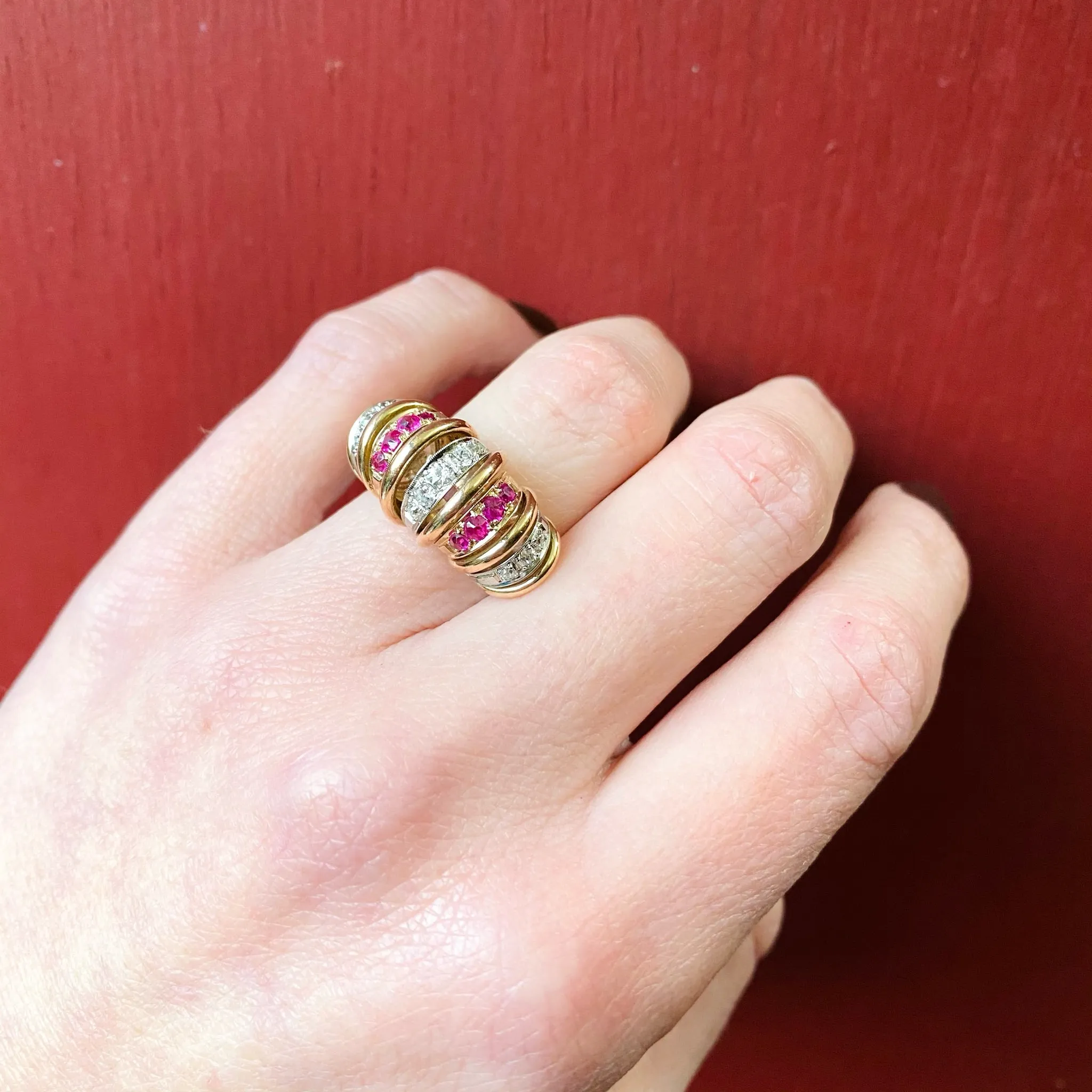 Retro Platinum and Rose Gold Diamond and Ruby Ring