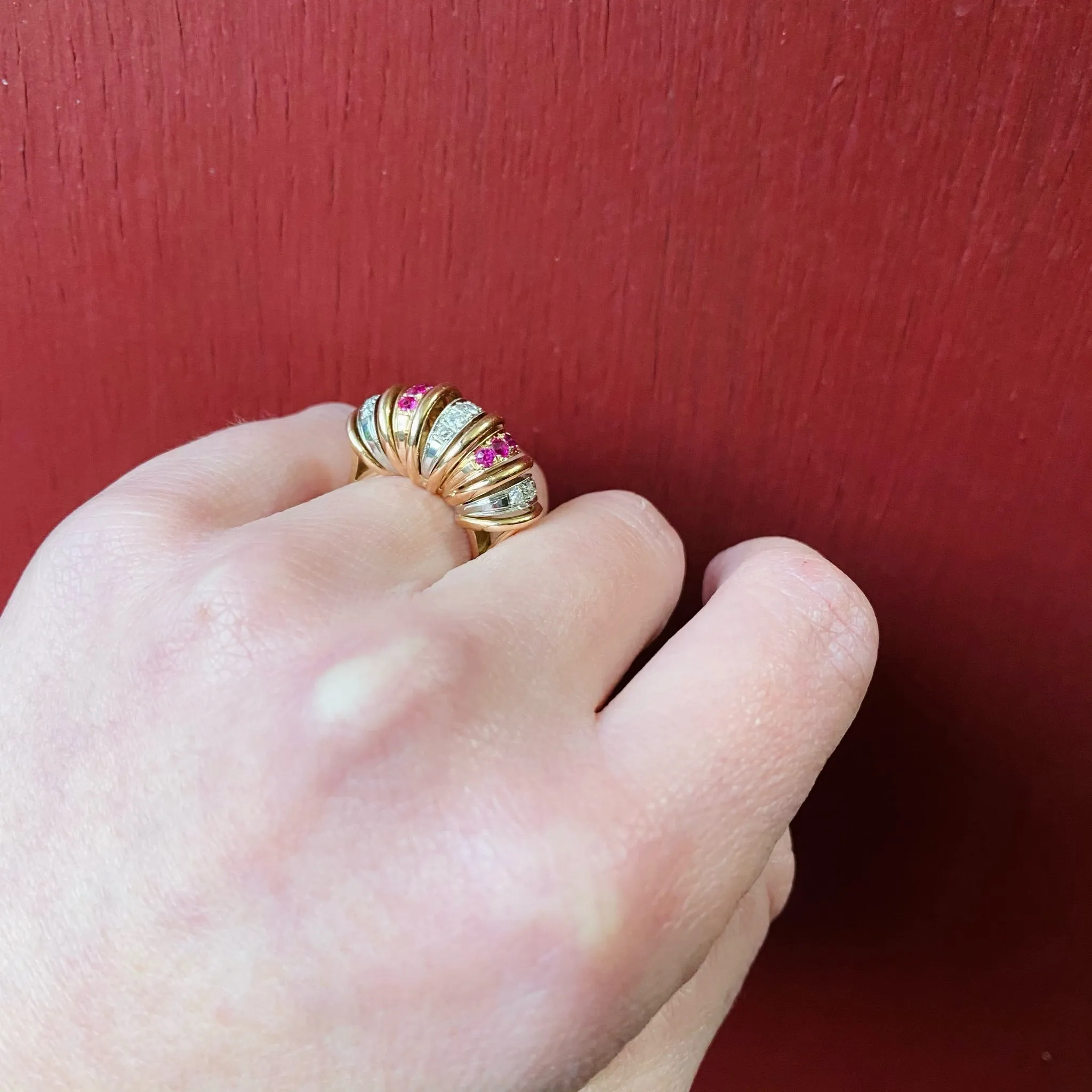 Retro Platinum and Rose Gold Diamond and Ruby Ring