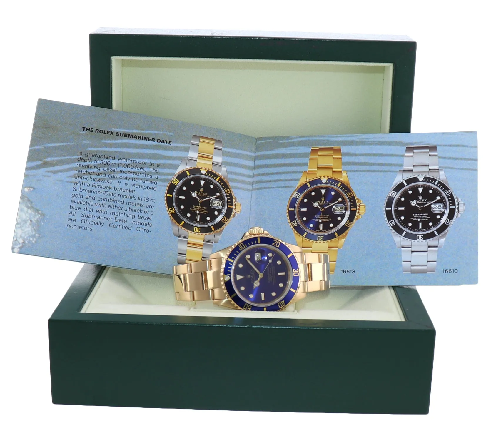 Rolex 16618 Submariner 18K Yellow Gold Blue 40MM Sunburst Dial Watch Box