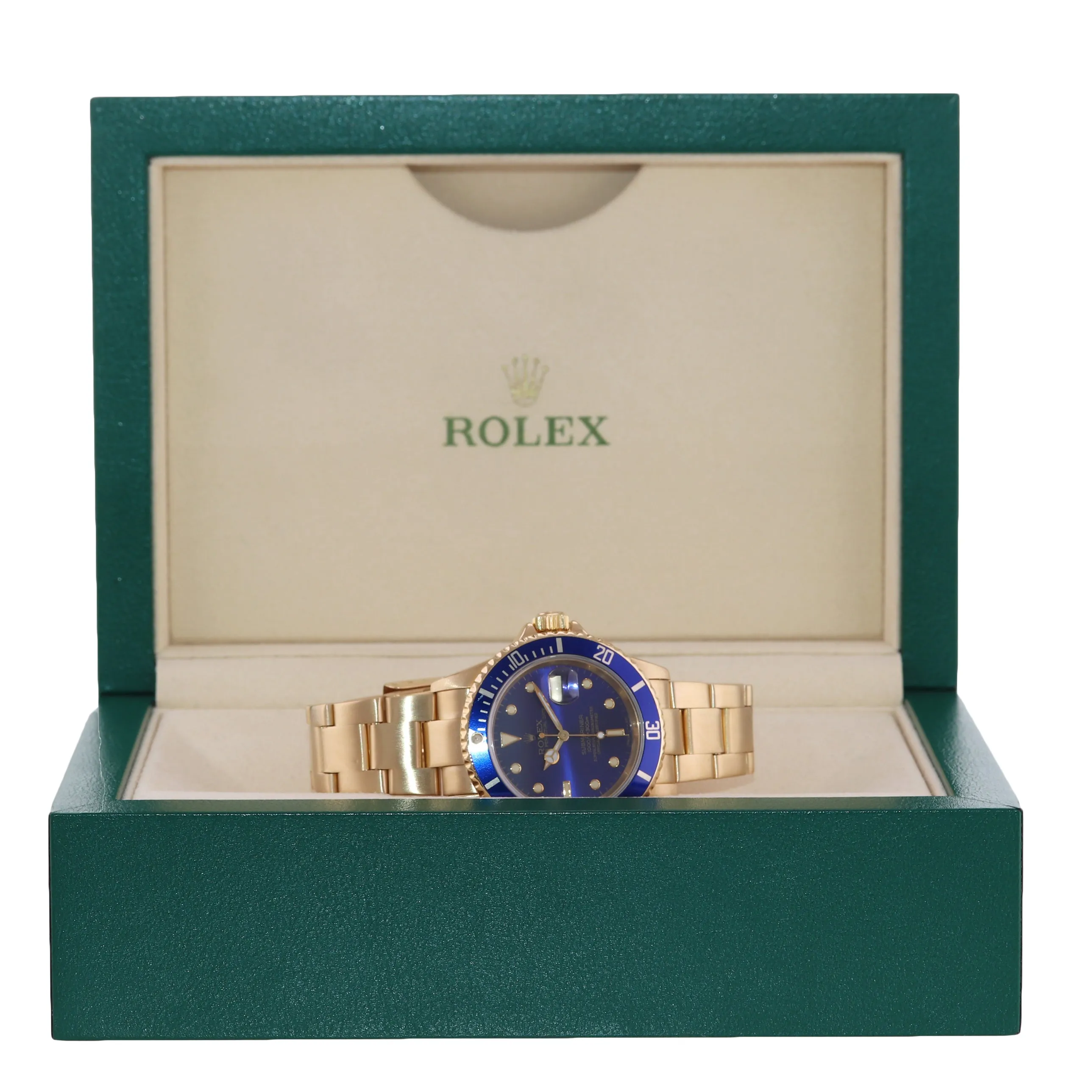Rolex 16618 Submariner 18K Yellow Gold Blue Purple Sunburst Dial Watch Box