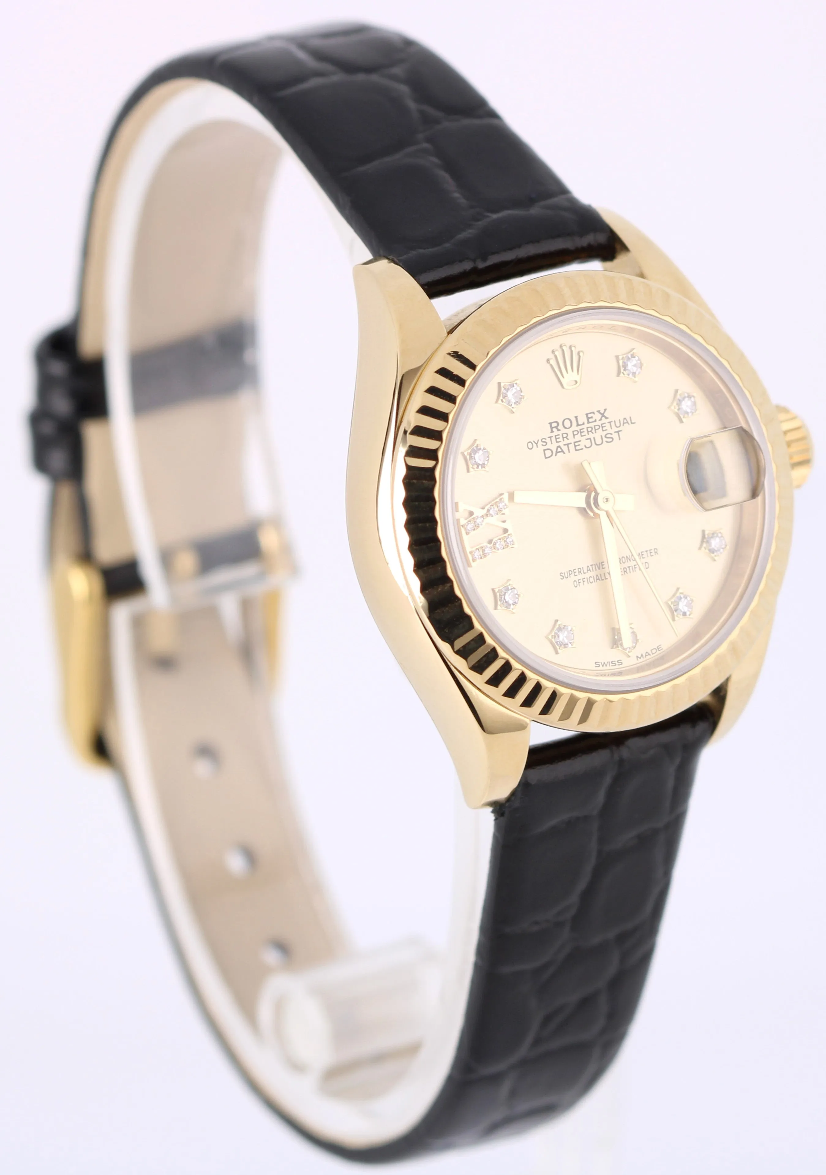 Rolex DateJust 18k Yellow Gold DIAMOND Champagne Roman 28mm 279178 Leather Watch