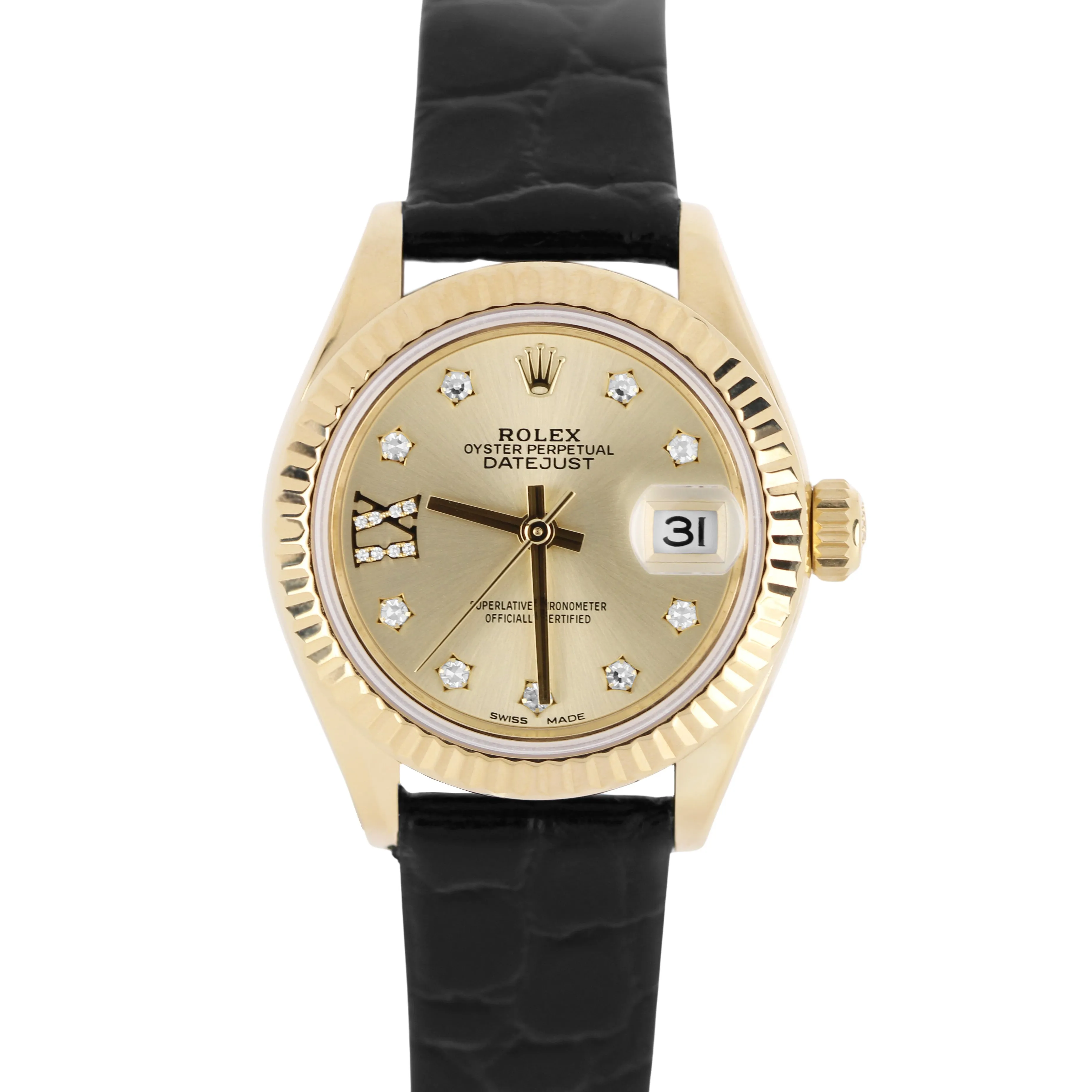 Rolex DateJust 18k Yellow Gold DIAMOND Champagne Roman 28mm 279178 Leather Watch