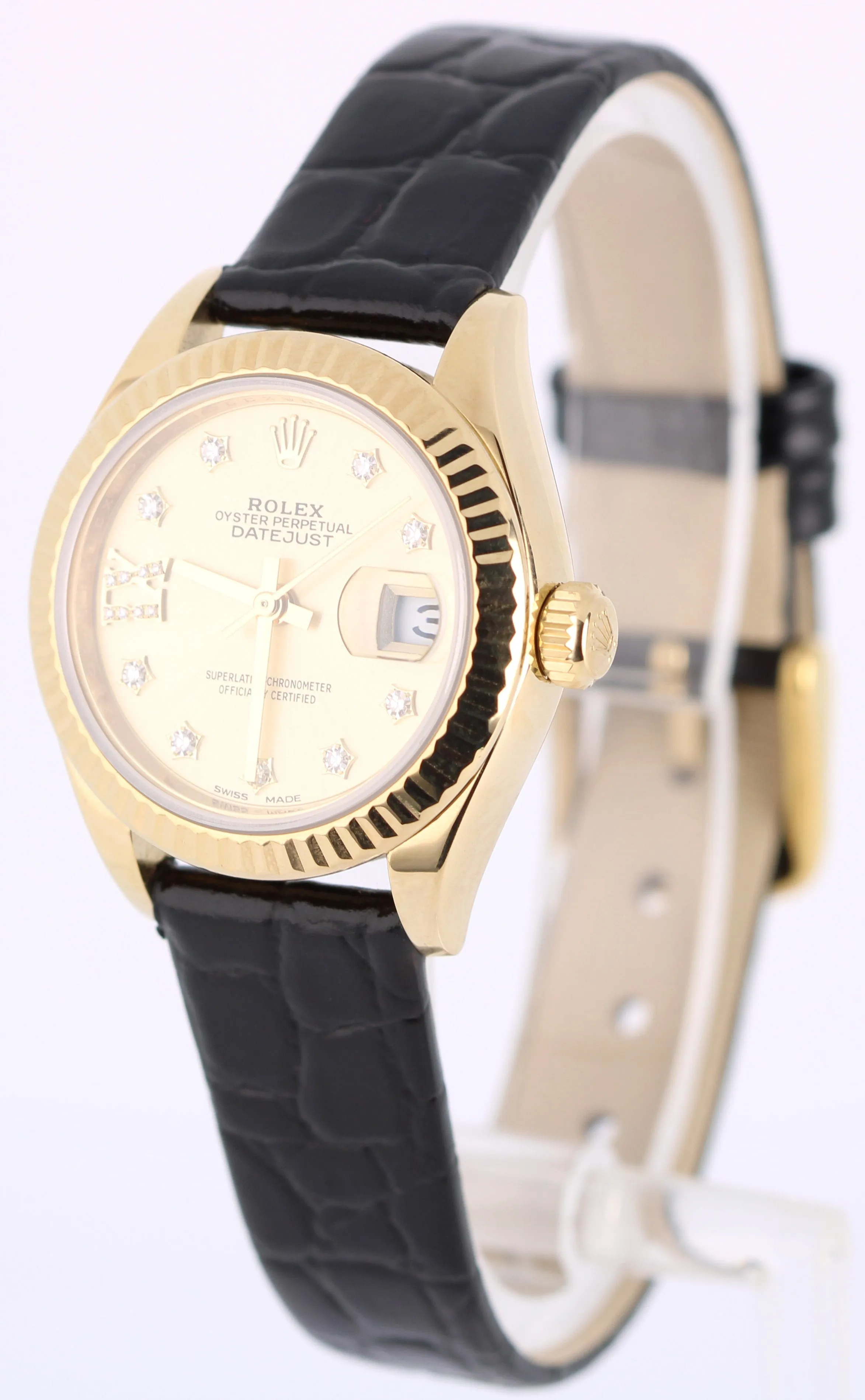 Rolex DateJust 18k Yellow Gold DIAMOND Champagne Roman 28mm 279178 Leather Watch