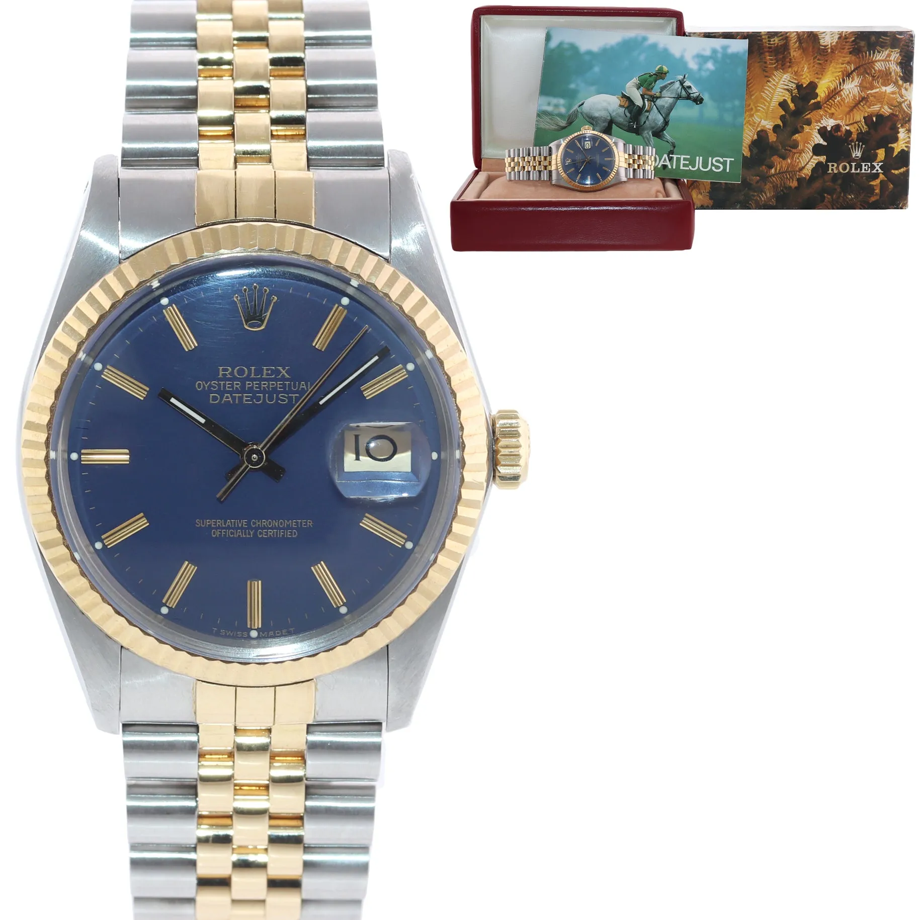 Rolex DateJust 36mm 16013 Two Tone 18k Gold Jubilee Blue Dial Watch Box
